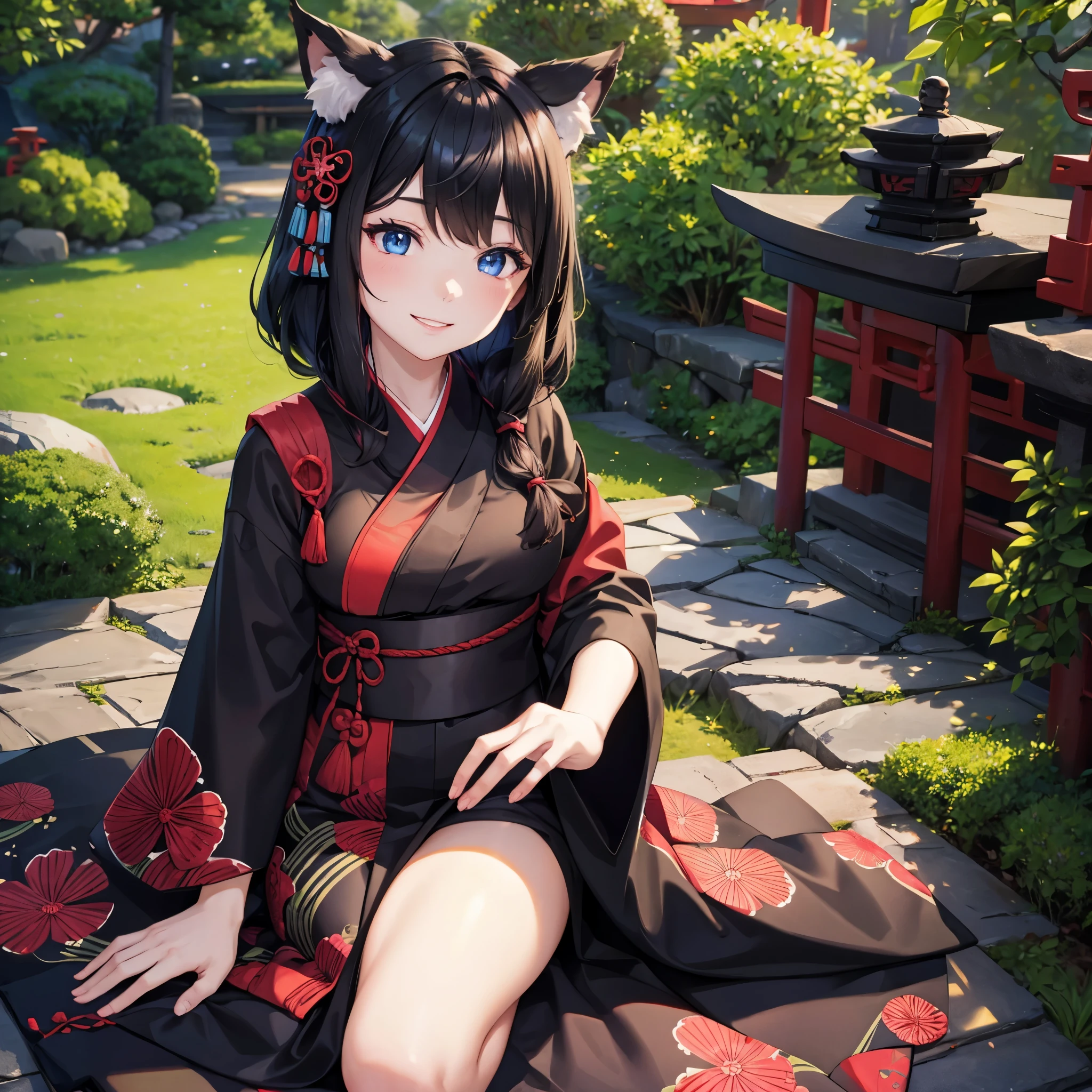 A woman with a black kimono with red details, neko ears, blue eyes, black hair, smiling, in a Japanese garden
