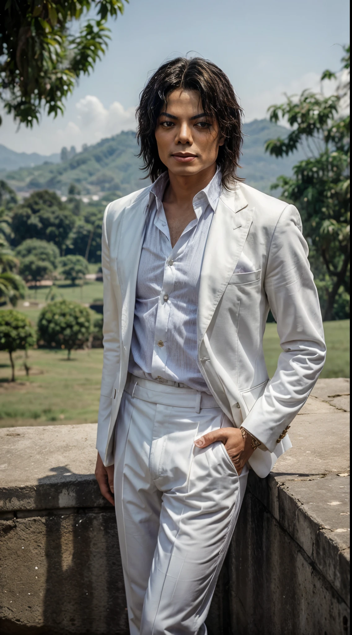 (michael jackson:1.1), wearing white suit, Indonesian traditional clothes, portrait, detail eyes, landscape in background, arcan3v2