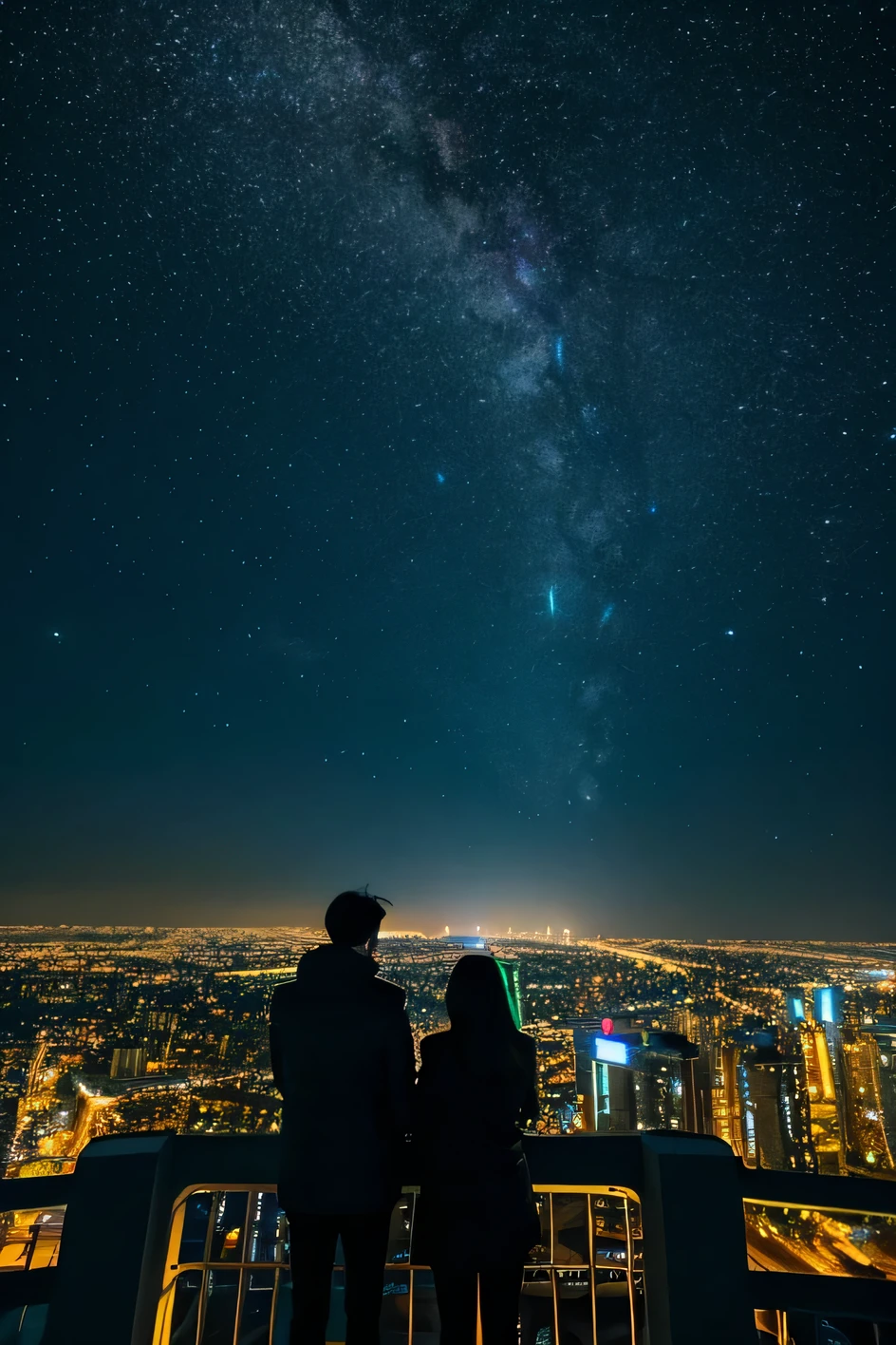 night view city Starry sky seen from the rooftop shooting star scenery couple watching