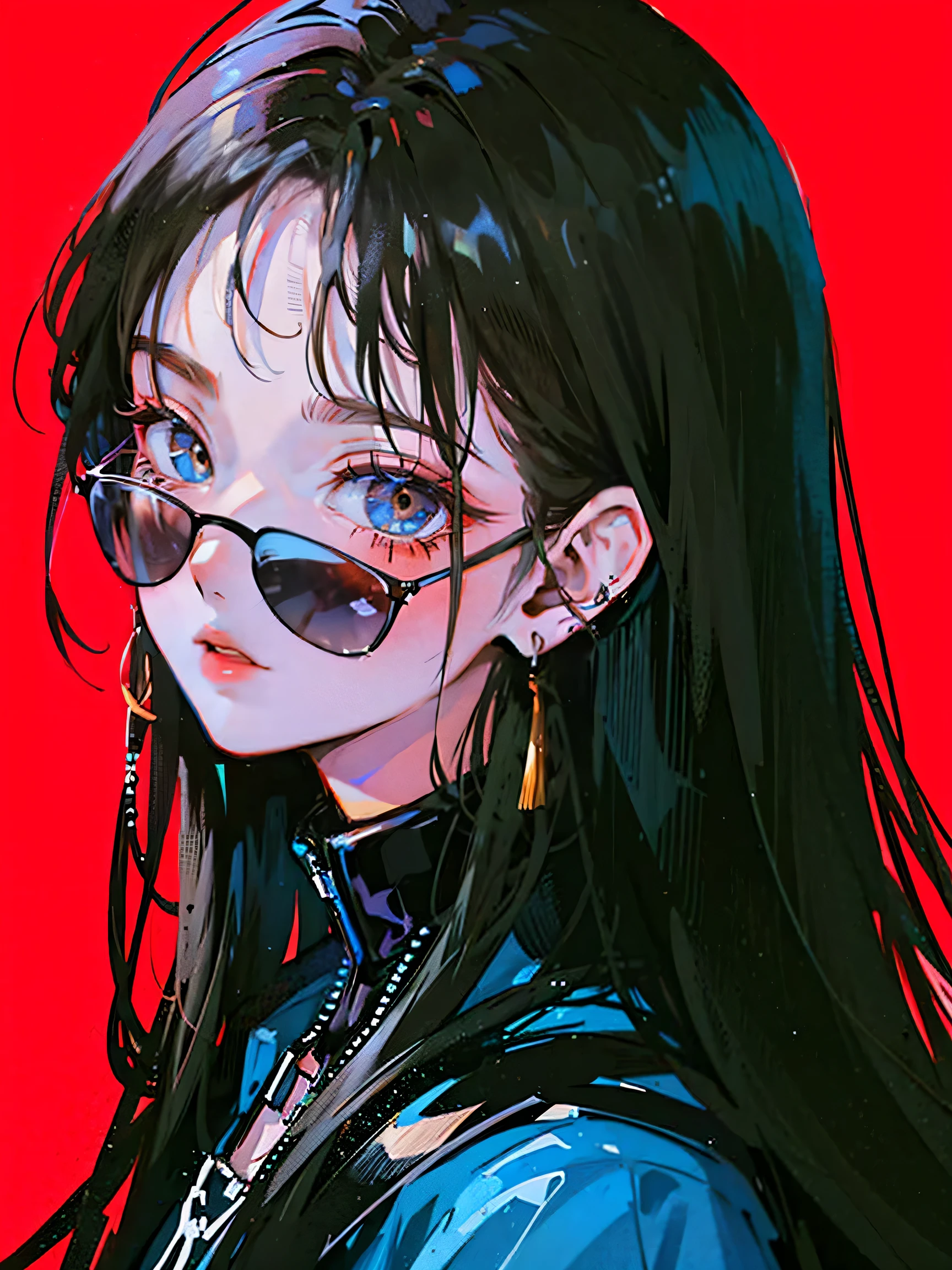(portrait:1.4), (masterpiece:1.2, highest quality:1.2), From above, Upper body, 1 girl, look up, face focus, highly detailed face, very fine eyes, good looking, compensate, put your finger on your lips, sunglasses, Fashion Wear, earrings,