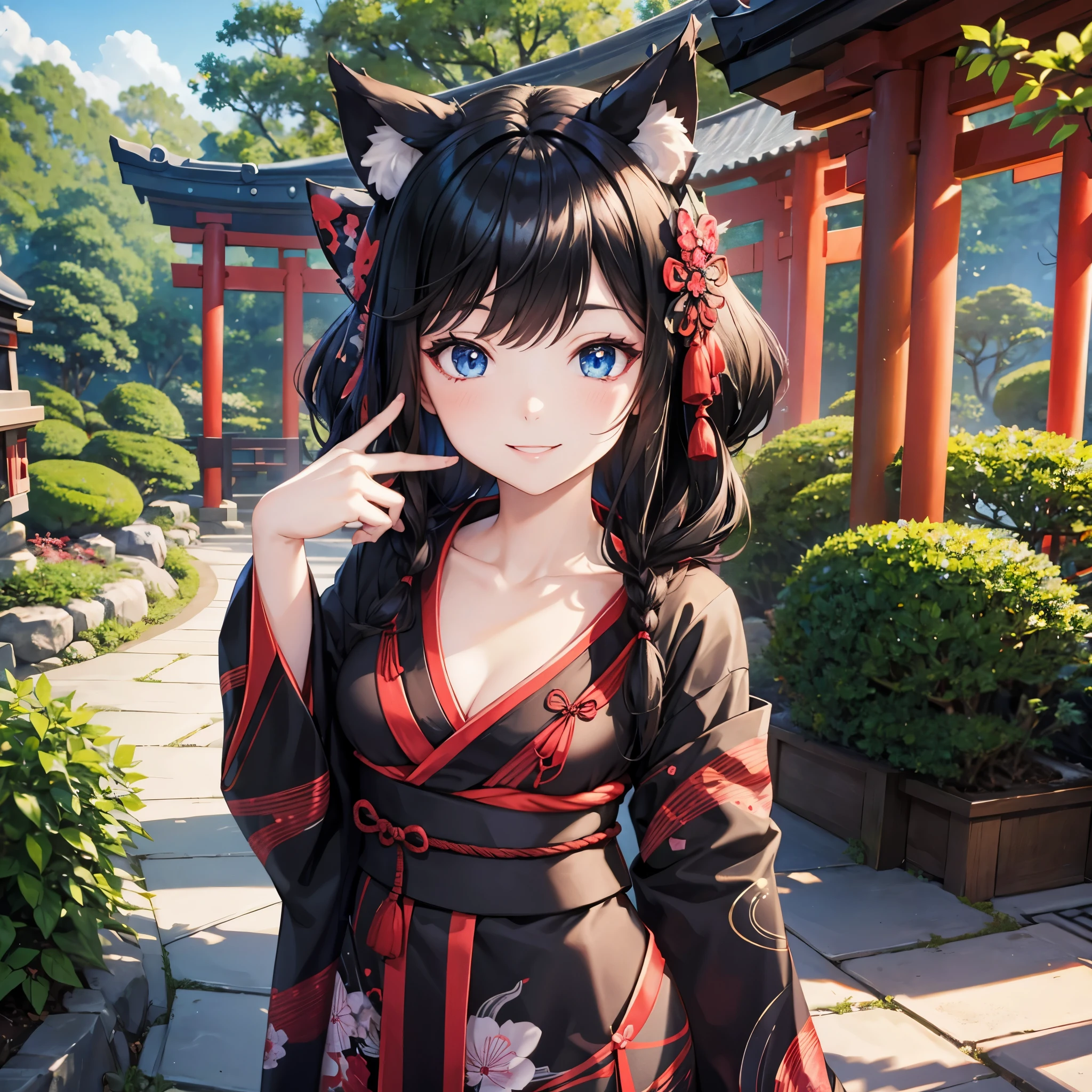 A woman with black kimono with red details, neko ears, blue eyes, long black hair, smiling, in a Japanese garden
