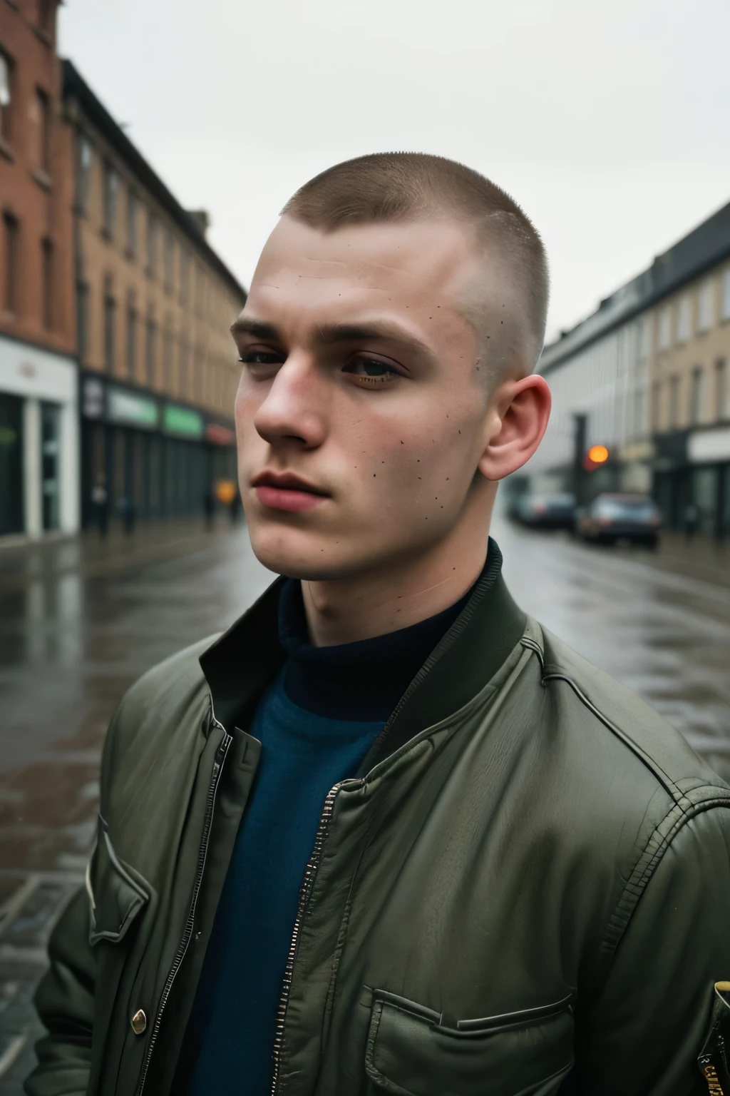 (solo, 1boy, close-up on face), ((best quality)), ((masterpiece)), candid photograph of a 25yo english skinhead, standing on a street corner, army boots(film photography, film grain, ultra realism, sharp focus, muted colours, extremely detailed, skin texture), 1980s, bomber jacket, fog, light rain,