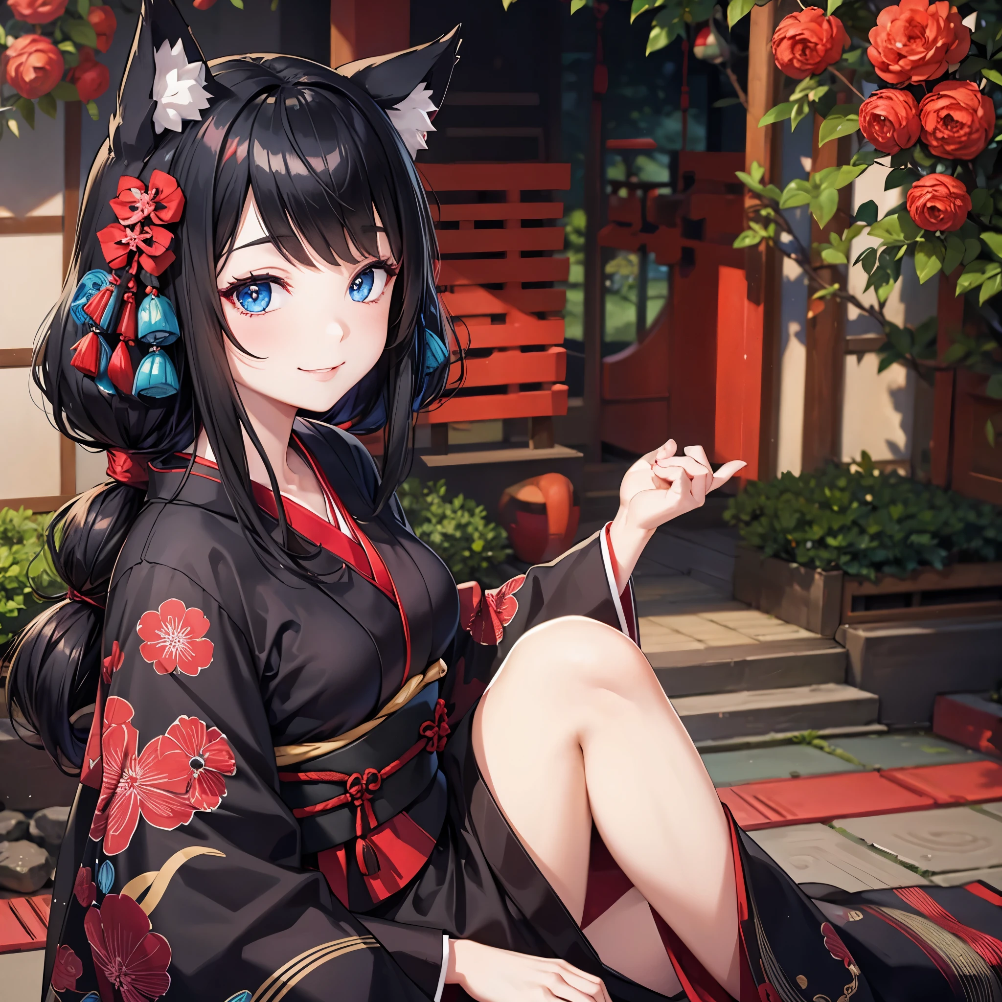 A woman with black kimono with red details, neko ears, blue eyes, long black hair, smiling, in a Japanese garden
