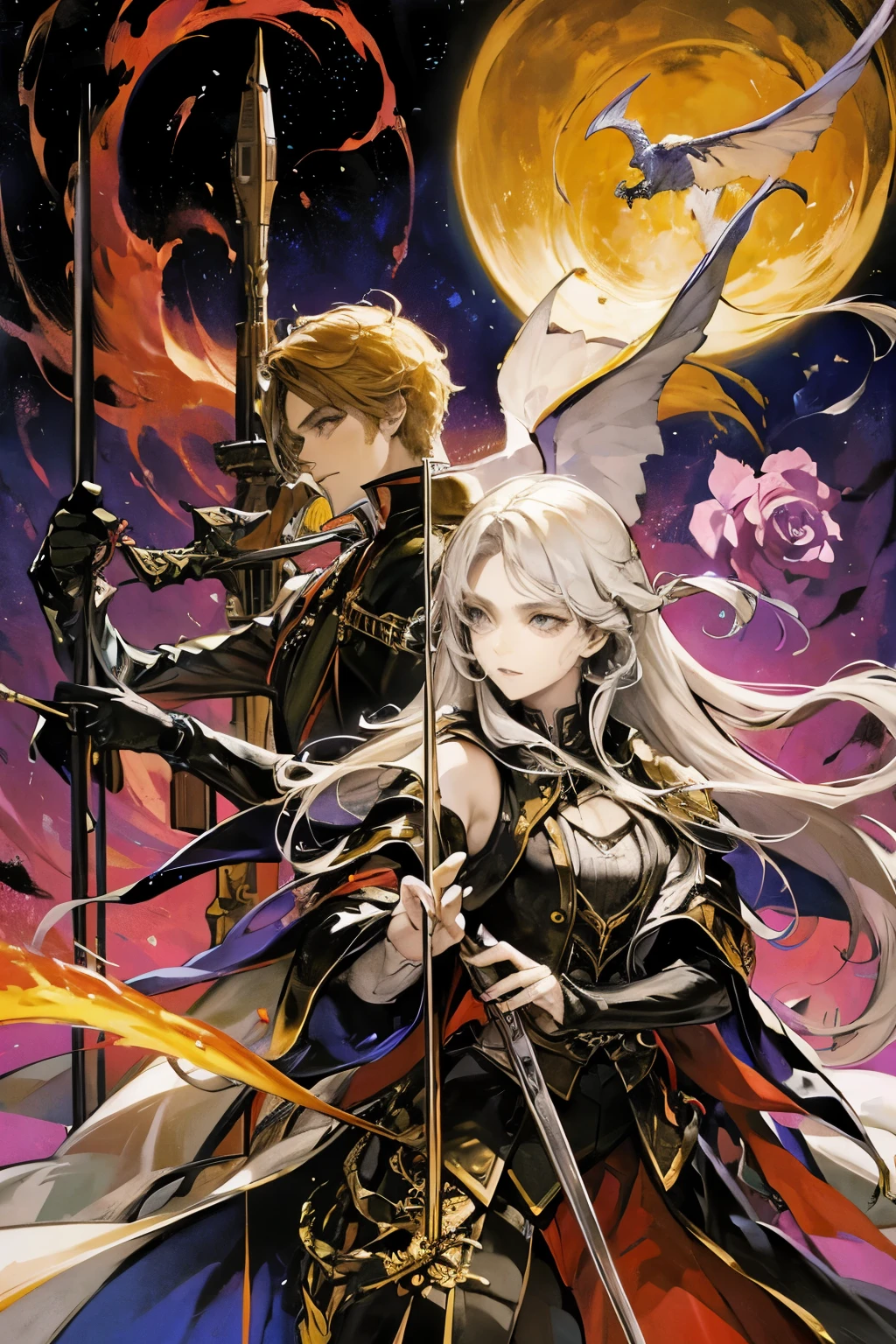 A man and a woman in front of the Moon Castle，Rose Sword and Battle Dragon