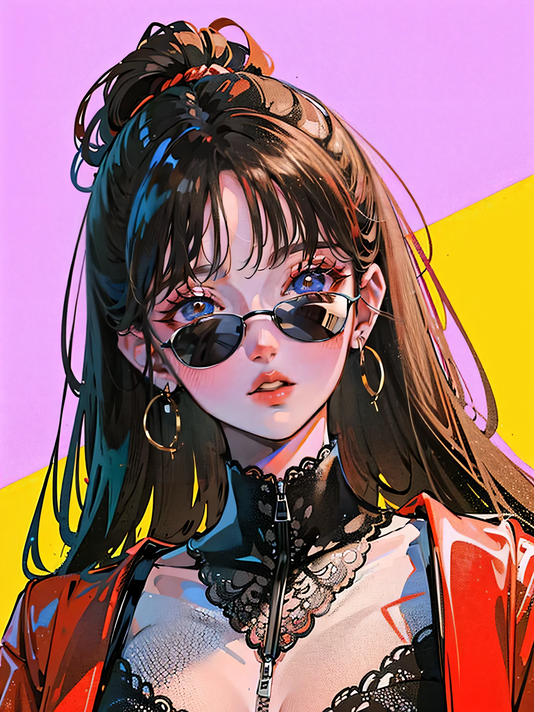(portrait:1.4), (masterpiece:1.2, highest quality:1.2), From above, Upper body, 1 girl, look up, face focus, highly detailed face, very fine eyes, good looking, compensate, put your finger on your lips, sunglasses, Fashion Wear, earrings,