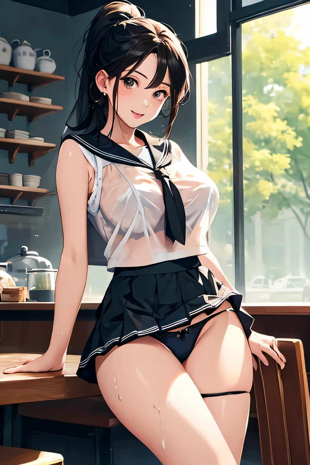 highest quality、High resolution、detailed background、Beautiful and dense face、beautiful and smooth skin、skin texture、cute10代の美少女、two beautiful girls、(huge breasts:1.3)、(realistic:1.1)、perfect body line、black hair braided ponytail、
(Sleeveless sailor suit made of see-through material:1.5)、white sailor collar、Sheath Sloop Leece Mini Skirt、pink floral embroidered panties、No bra、white knee high socks、white overknee socks、emphasize cleavage、emphasize the chest、(My clothes are wet and see through and I can see my nipples..:1.2)、
Tea time at the cafe、(Calm atmosphere、Having fun at a cute cafe:1.4)、((She pulled up her skirt and showed me her panties..:1.5))、sexual expression、Laugh playfully、panty shot、underboobを強調する、underboob、cute、camel toe