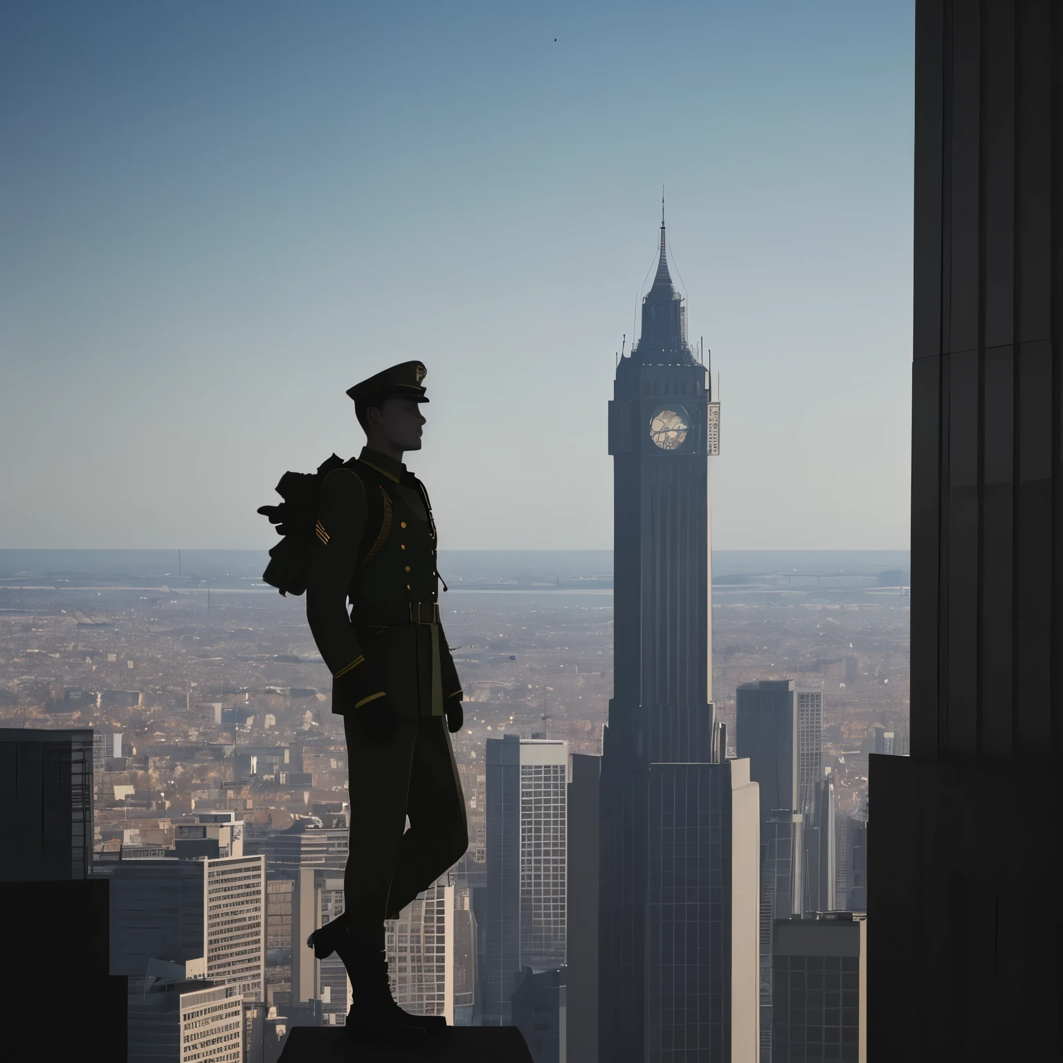 silhouette of man in military clothing standing on top of city tower