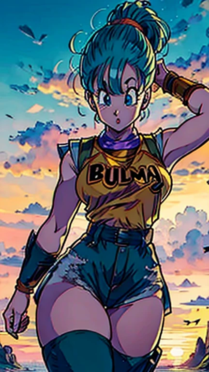Bulma, de Dragon Ball Z, holding a seven-star dragon ball with awe and surprise, Your eyes shining with the thrill of discovery, as the setting sun illuminates her figure and highlights the details of her signature costume, Pintura, watercolor technique on paper, capturando a delicadeza e os tons suaves da cena, --ar 16:9 --v 5