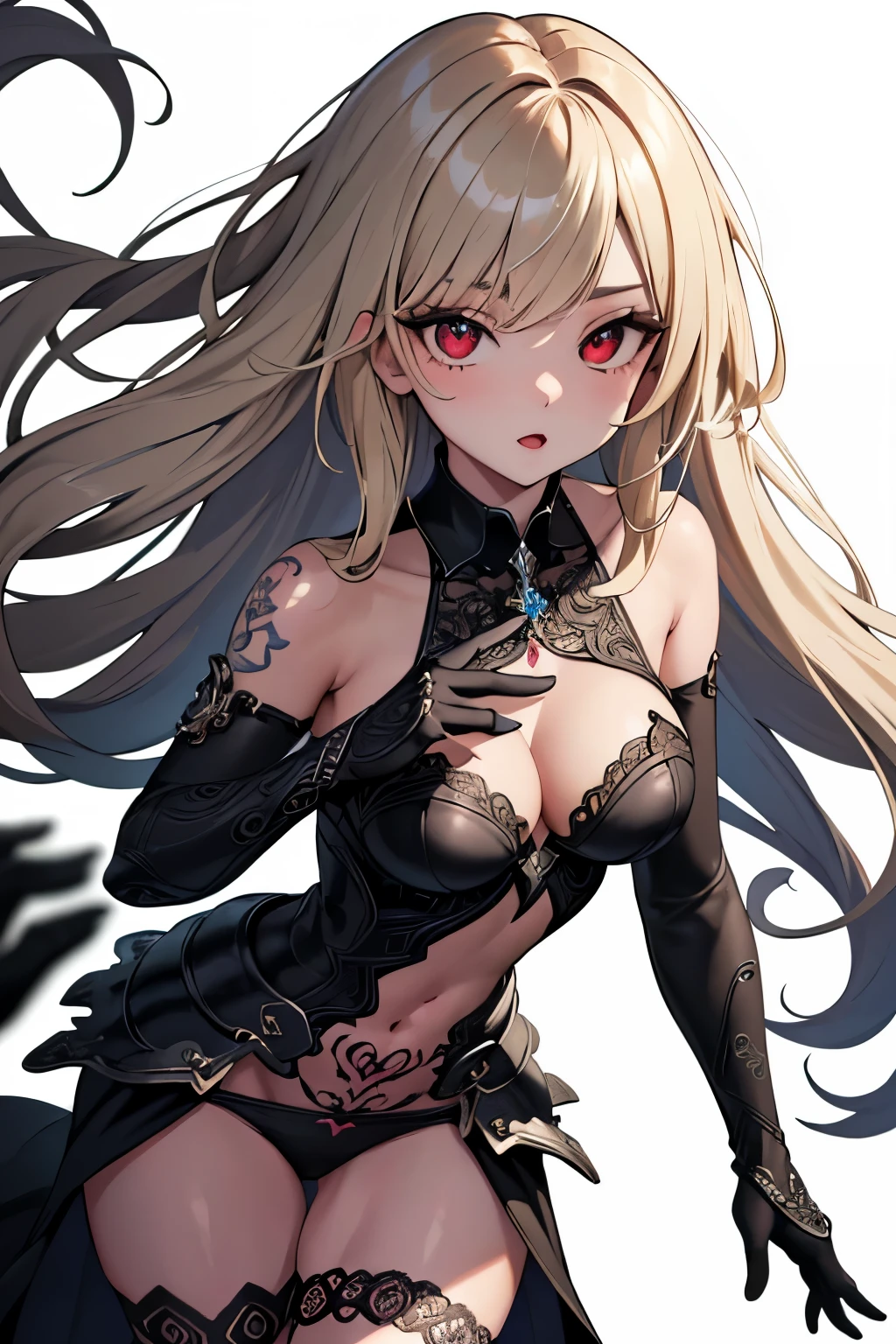 1girl, anime, cute girl, blank background, white background, fantasy, detailed fantasy dress with highlights, beautiful face, beautiful eyes, dark colors, black hair with multicolor streaks, red eye with different color pupil in eye, multicolor eye, medium small breasts (slightly big), slight cleavage, beautiful skin, cute, breast curtains, extremely delicate and beautiful, (beautiful detailed face:1.0), (detailed deep eyes), symmetrical breasts, deep eyes, shiny skin, portrait, slender waist, hips wider than shoulders, thighs, expressionless, young girl, luminous eyes, adorable,(Kpop idol),(aegyo sal:1),(Platinum blonde hair:1),((puffy eye)),Black panty,sexy posture,Superskirt, ultra high resolution,Black collar,slim figure, Abdominal y tattoo, womb tattoo,Tight-fitting leg ring,y tattoo on half-body,Bare skin, Armored hand,Hidden fingertips,Hand covered,Arm covered,Fist covered,{{beautiful detailed fingers}}, tufts of hair, moderate beautiful breast:1.0,(masterpiece:1.2), best quality, high-res, HDR, perfect face, intricate armor, delicate blue filigree, intricate filigree, red metalic parts, detailed part, dynamic pose, dynamic lights,