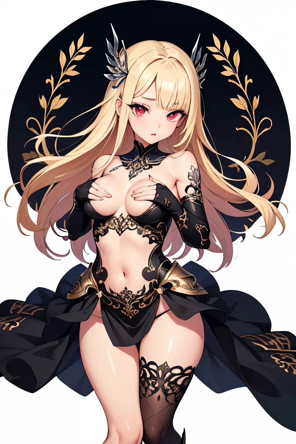 1girl, anime, cute girl, blank background, white background, fantasy, detailed fantasy dress with highlights, beautiful face, beautiful eyes, dark colors, black hair with multicolor streaks, red eye with different color pupil in eye, multicolor eye, medium small breasts (slightly big), slight cleavage, beautiful skin, cute, breast curtains, extremely delicate and beautiful, (beautiful detailed face:1.0), (detailed deep eyes), symmetrical breasts, deep eyes, shiny skin, portrait, slender waist, hips wider than shoulders, thighs, expressionless, young girl, luminous eyes, adorable,(Kpop idol),(aegyo sal:1),(Platinum blonde hair:1),((puffy eye)),Black panty,sexy posture,Superskirt, ultra high resolution,Black collar,slim figure, Abdominal y tattoo, womb tattoo,Tight-fitting leg ring,y tattoo on half-body,Bare skin, Armored hand,Hidden fingertips,Hand covered,Arm covered,Fist covered,{{beautiful detailed fingers}}, tufts of hair, moderate beautiful breast:1.0,(masterpiece:1.2), best quality, high-res, HDR, perfect face, intricate armor, delicate blue filigree, intricate filigree, red metalic parts, detailed part, dynamic pose, dynamic lights,