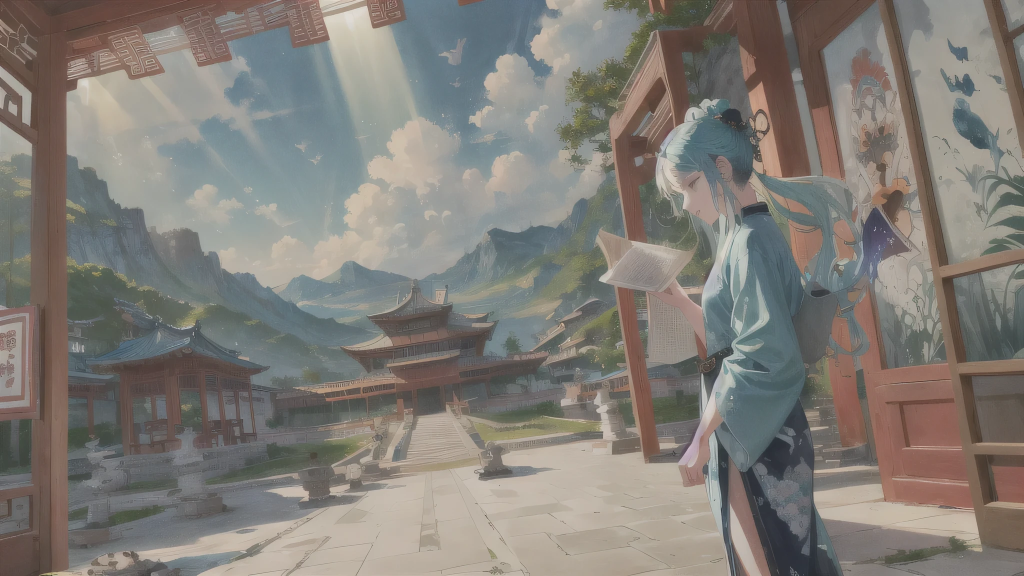 The game scene, the ancient Chinese palace is located above the clouds, surrounded by clouds and mist, majestic, glazed tiles, Buddha statues, colorful rays of light, ((color ink)),((splash ink)),((splash ink}) ), masterpiece, high quality, exquisite graphics, high detail