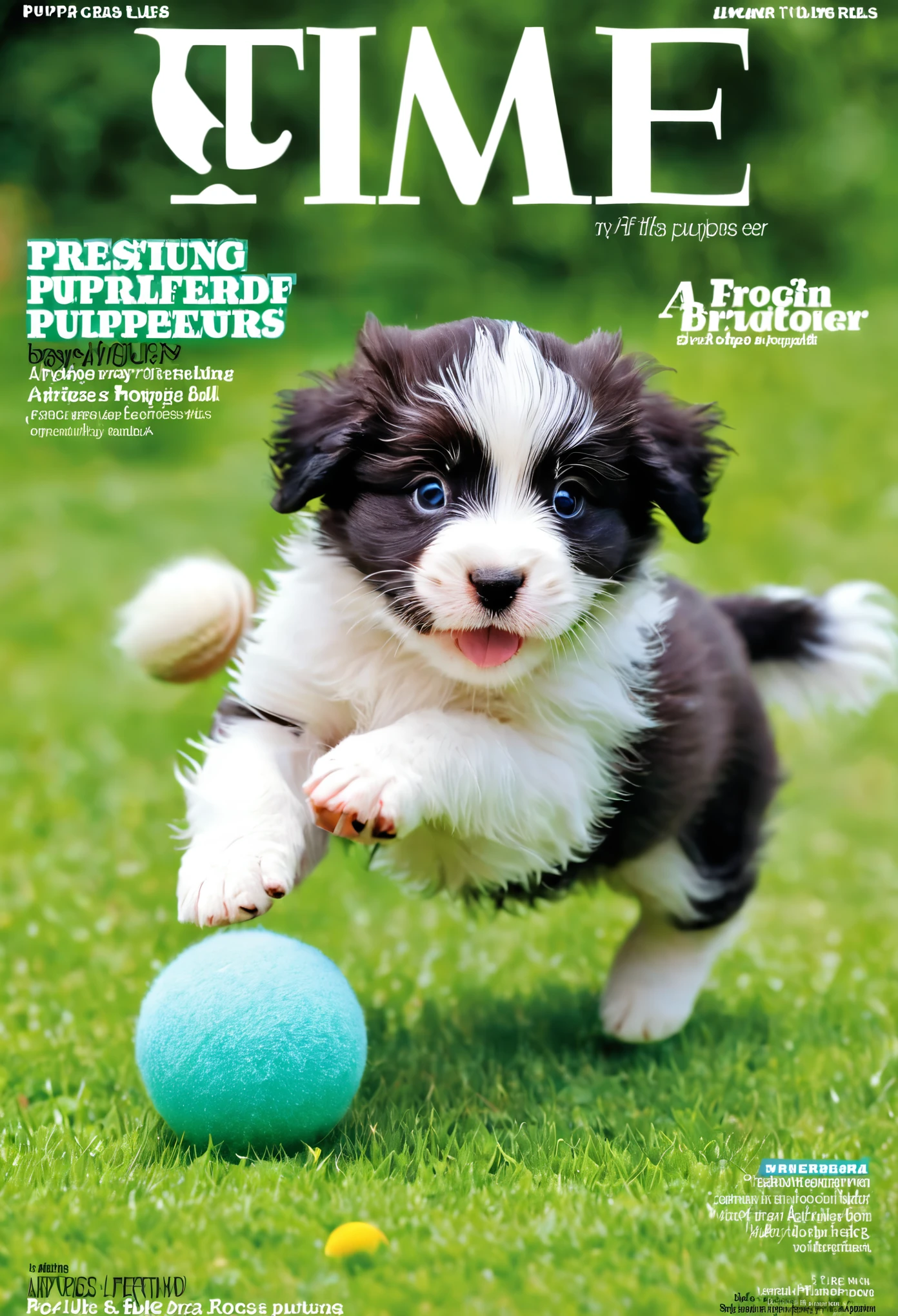 magazine cover: Puppy dogs playing, jumping on one another, chasing a ball in the yard. Articles about puppies and fluffy subjects