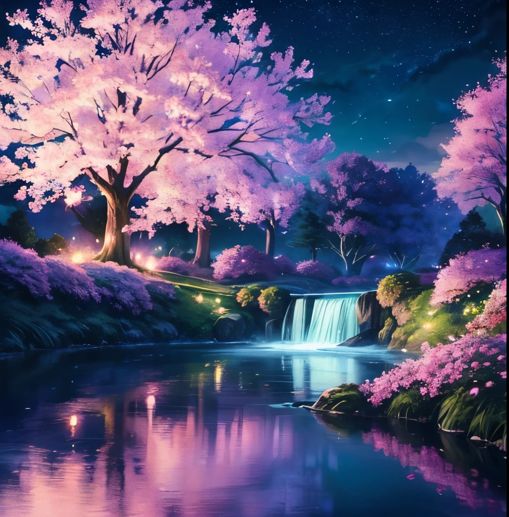 (magical pretty night null green stream overlay scene), (null), (cloud), soft light, pretty background, beautiful scenery, masterpiece, high quality, nice graphics, high detail, spectacular scenery, garden, flowers, cloud, (night starry null, behind the river, huge old tree in the back, Shining pink petals fall behind you)