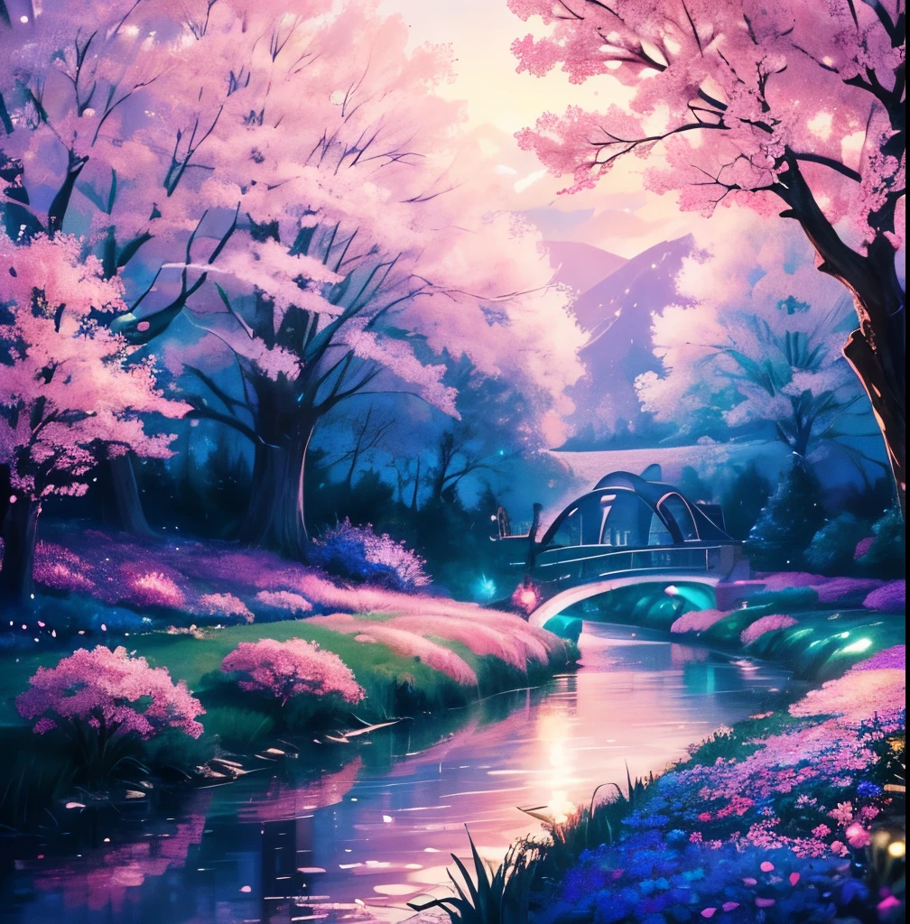 (magical pretty night null green stream overlay scene), (null), (cloud), soft light, pretty background, beautiful scenery, masterpiece, high quality, nice graphics, high detail, spectacular scenery, garden, flowers, cloud, (night starry null, behind the river, huge old tree in the back, Shining pink petals fall behind you)