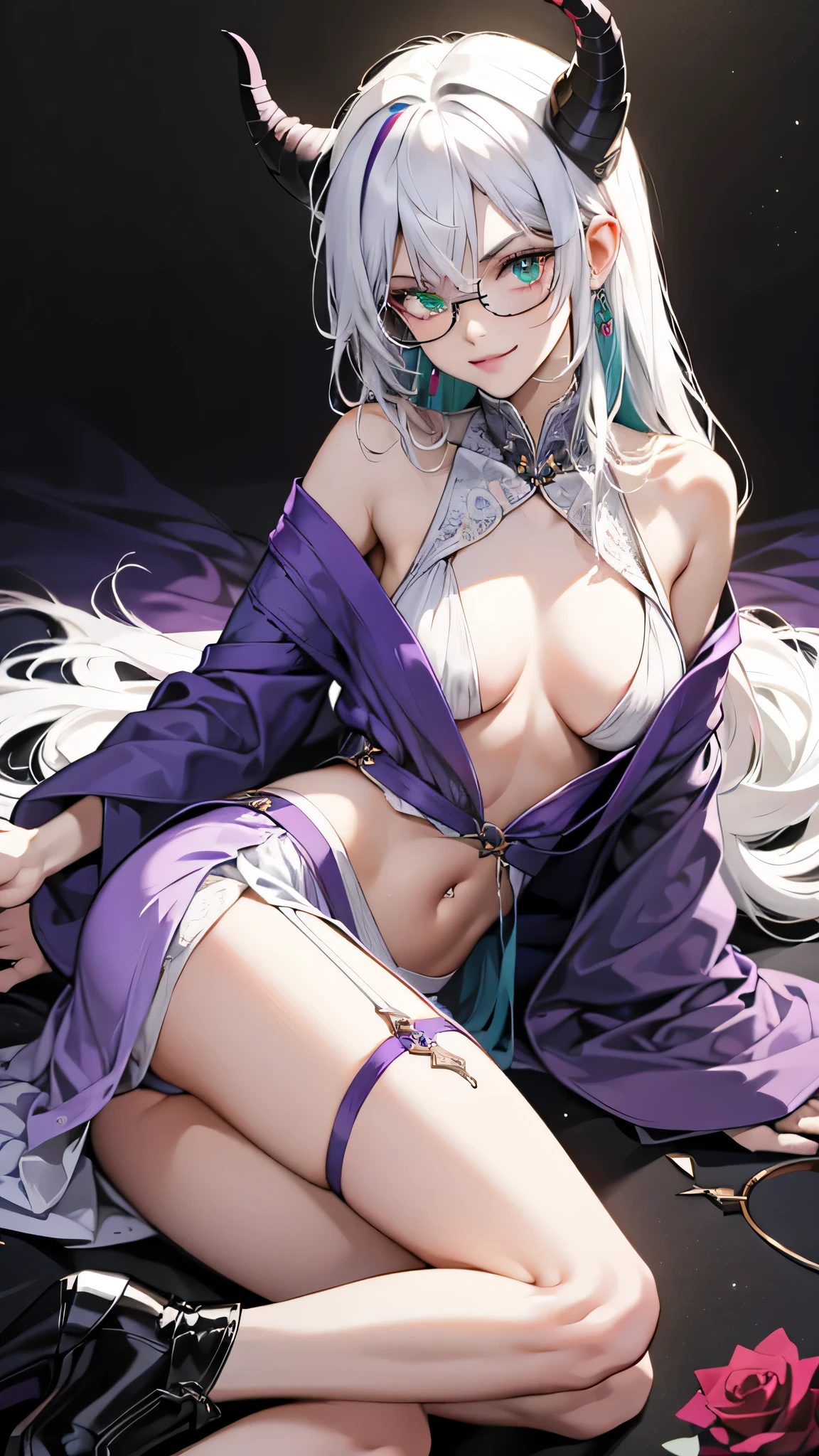 8k, masterpiece, best quality, highly detailed, 1girl, tiefling, warlock, multicolored hair, white hair, long hair, strippled hair, glasses, earrings, mole, glowing green eyes, winking left eye, sexy, teal and purple robe, miniskirt, garter belt, high heels, navel piercing, white shirt, holding staff, villainous, smirk, flirtatious pose, flock of raven, close up view, dress decorate with rose, rings, looking at viewer, hand touching chin, goddess-like posture, knelling exercise