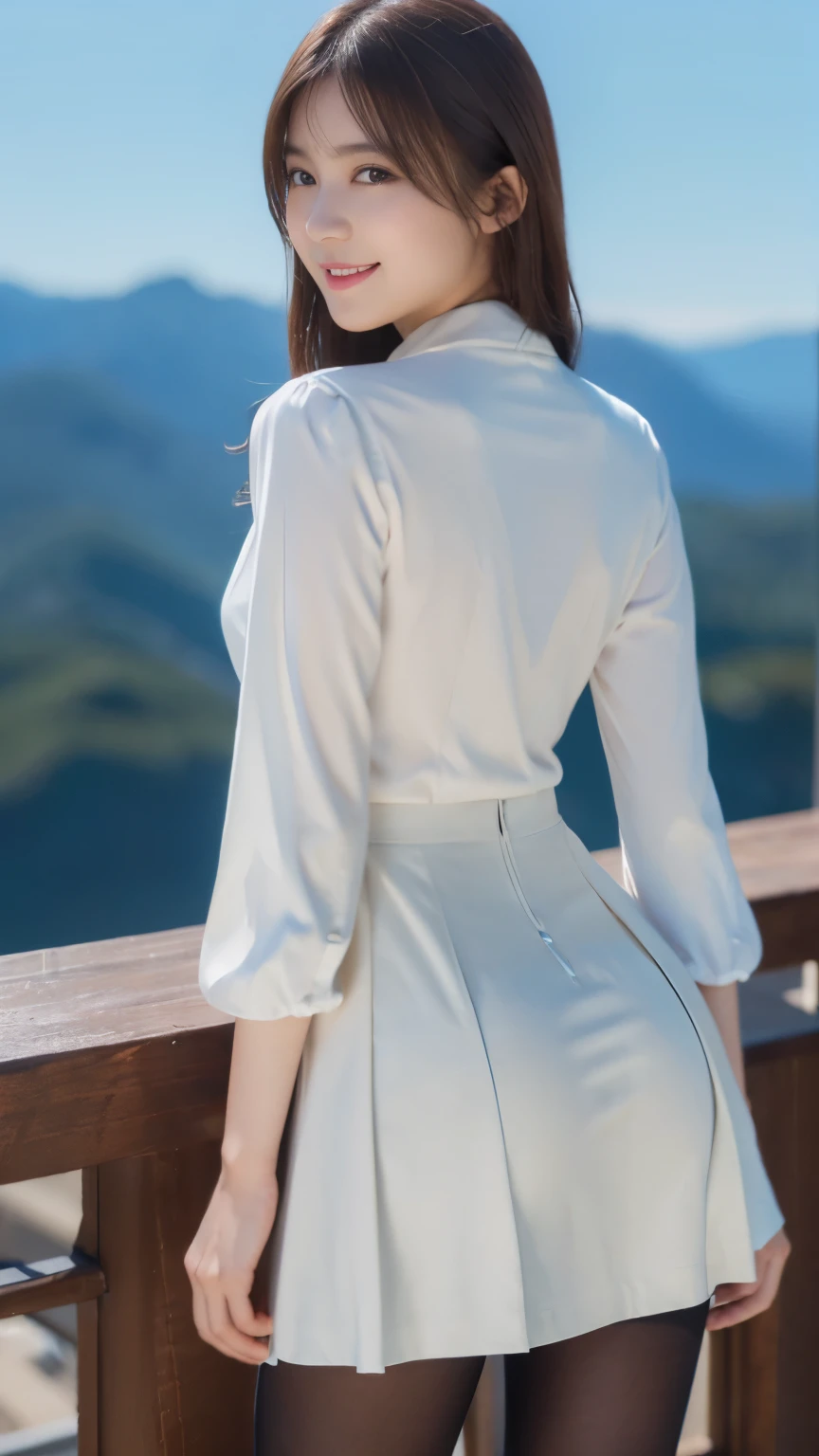 
(8K, highest quality, Raw photo、masterpiece: 1.2), Super detailed, highest quality, ultra high resolution, professional lighting, photon mapping, radio city, Physically based rendering, cinematic lighting, Depth of written boundary, 1 female、24-years-old、 ((mountaintop))(full body shot), ((OL uniform、skirt、pantyhose))((suit、skirt、pantyhose)) (looking at the viewer:1.3) very slim, medium breasts, (pull clothes, Dress Tags, Wind, Wind lift:1.4), ((from behind))(buckshot), cute, white skin、looking at the viewer, light smile,alone, enchanting smile, wide opening, professional lighting, Sony α7R4, Zecy 50mm F1.8, medium breasts,thin and beautiful eyes,
