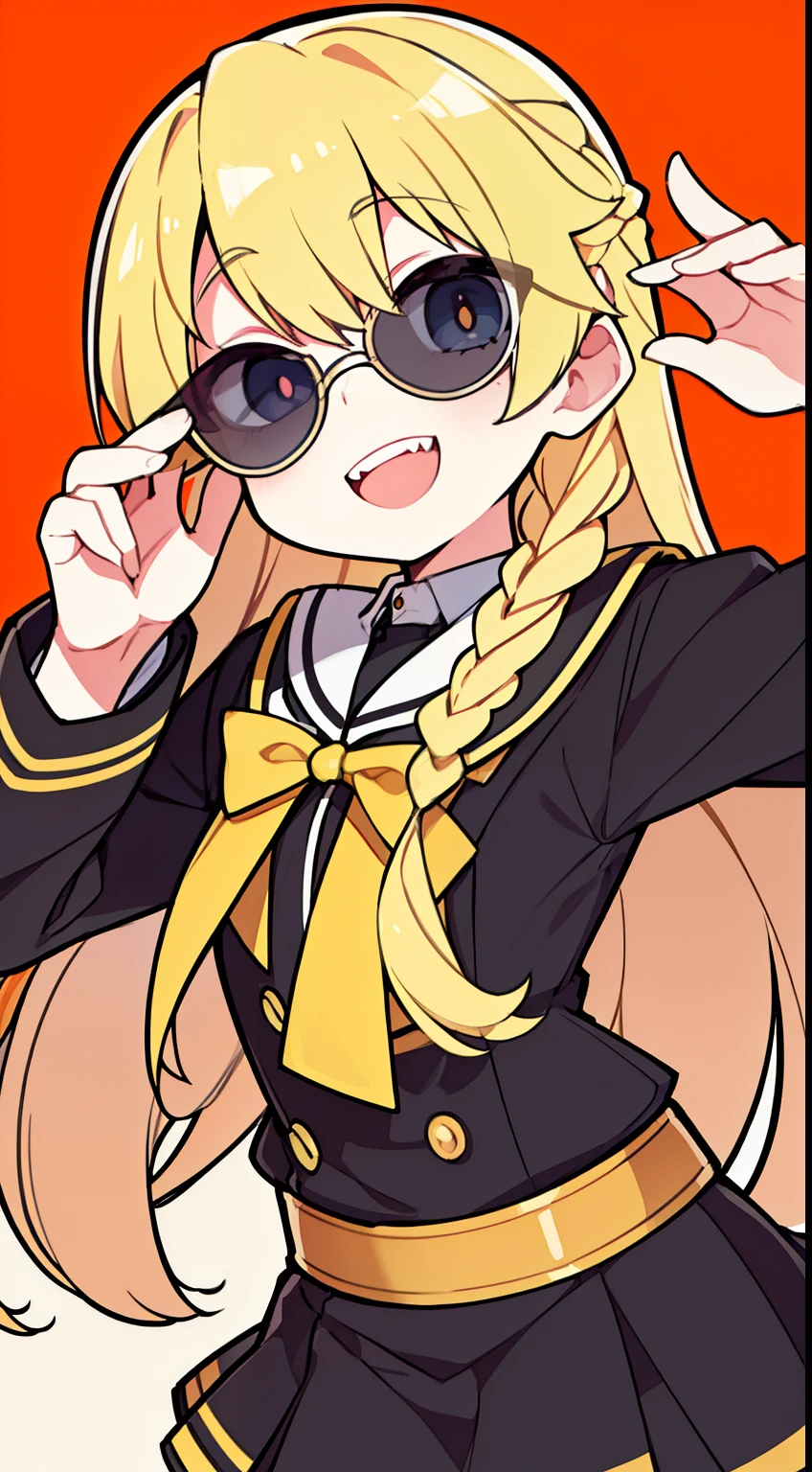 (highest quality、masterpiece:1.2) ((1 girl)) (golden hair)black eye、Braid、elegant (school uniform) (flat chest) beautiful eyes、beautiful hair (smile) sharp teeth (sunglasses)
