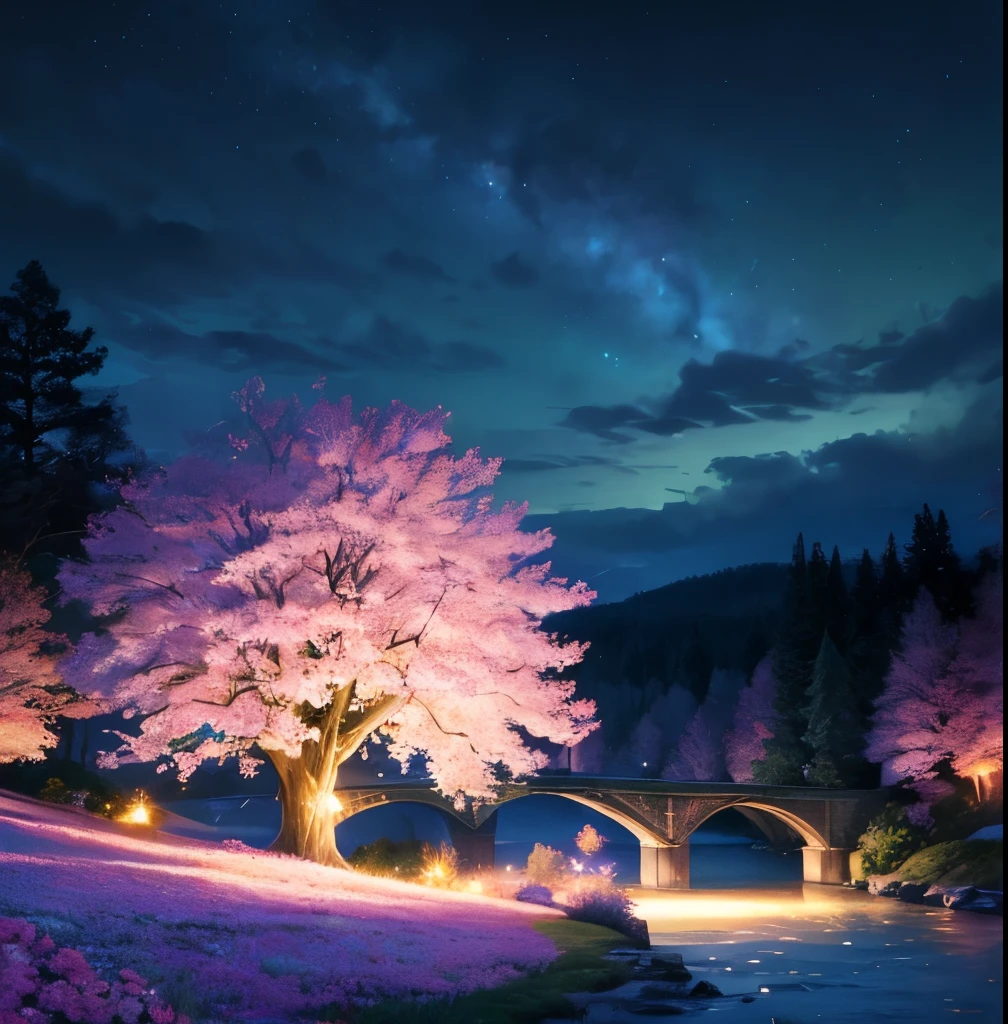 (magical pretty night null green stream overlay scene), (null), (cloud), soft light, pretty background, beautiful scenery, masterpiece, high quality, nice graphics, high detail, spectacular scenery, garden, flowers, cloud, (night starry null, behind the river, huge old tree in the back, Shining pink petals fall behind you)