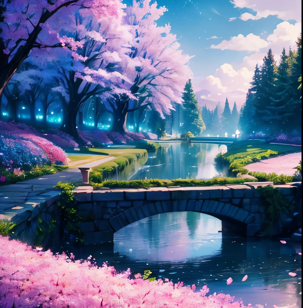 (magical pretty night null green stream overlay scene), (null), (cloud), soft light, pretty background, beautiful scenery, masterpiece, high quality, nice graphics, high detail, spectacular scenery, garden, flowers, cloud, (night starry null, behind the river, huge old tree in the back, Shining pink petals fall behind you)