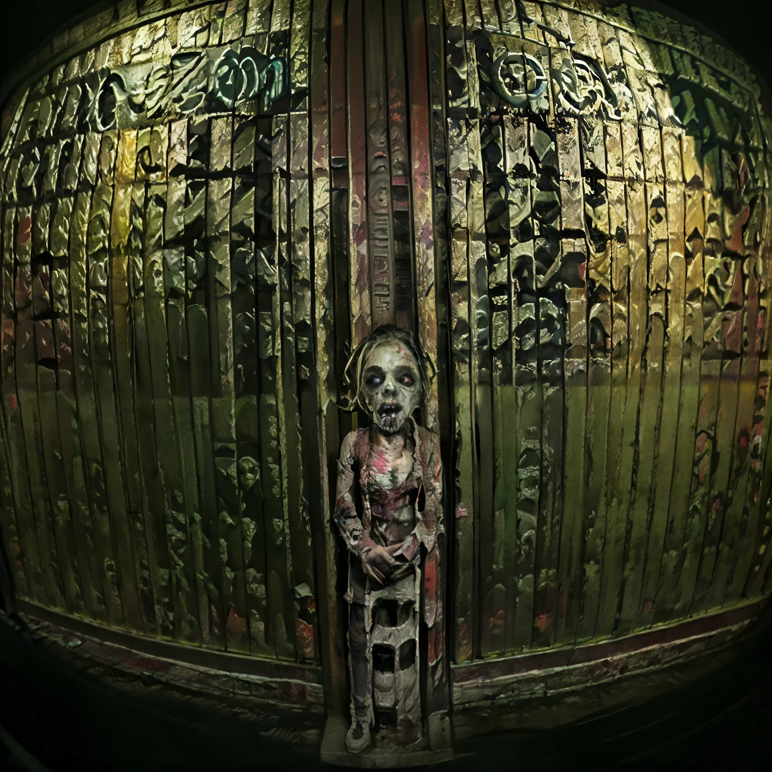 (best quality,4k,highres,masterpiece:1.2),ultra-detailed,(realistic,photorealistic,photo-realistic:1.37),fish-eye lens,condominium entrance,shared hallway,lens,(three rampaging zombies,gorgeous zombies,erotic zombies,tattered clothes:1.9)