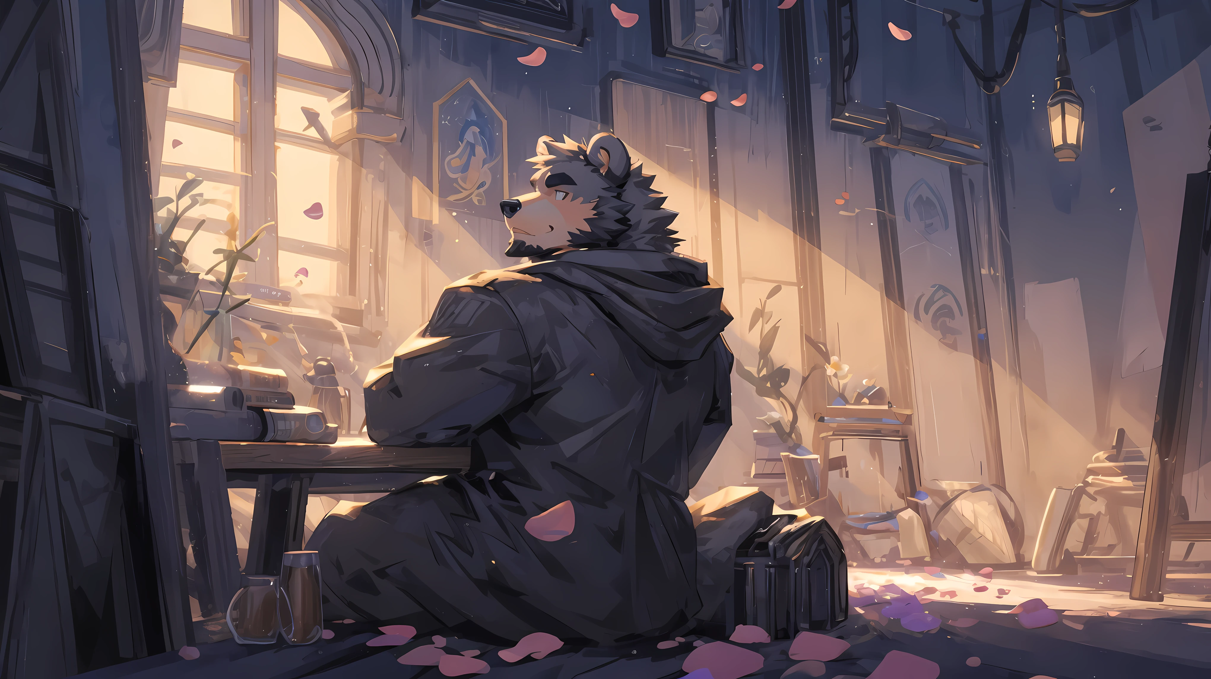 (masterpiece:1.2), best quality,pixiv,official art,(Ray tracing, light), (flower petal in the sky :1.3), (1_male:1.3), (solo:1.3) , portrait , (muscle), (gray fur:1.4), (muscle bear), (bear tail), (beard:1.2), (gleaming golden eyes), Thick eyebrows, open hoodie, naked inside, cargo shorts, indoor, bedroom, french window, sitting down