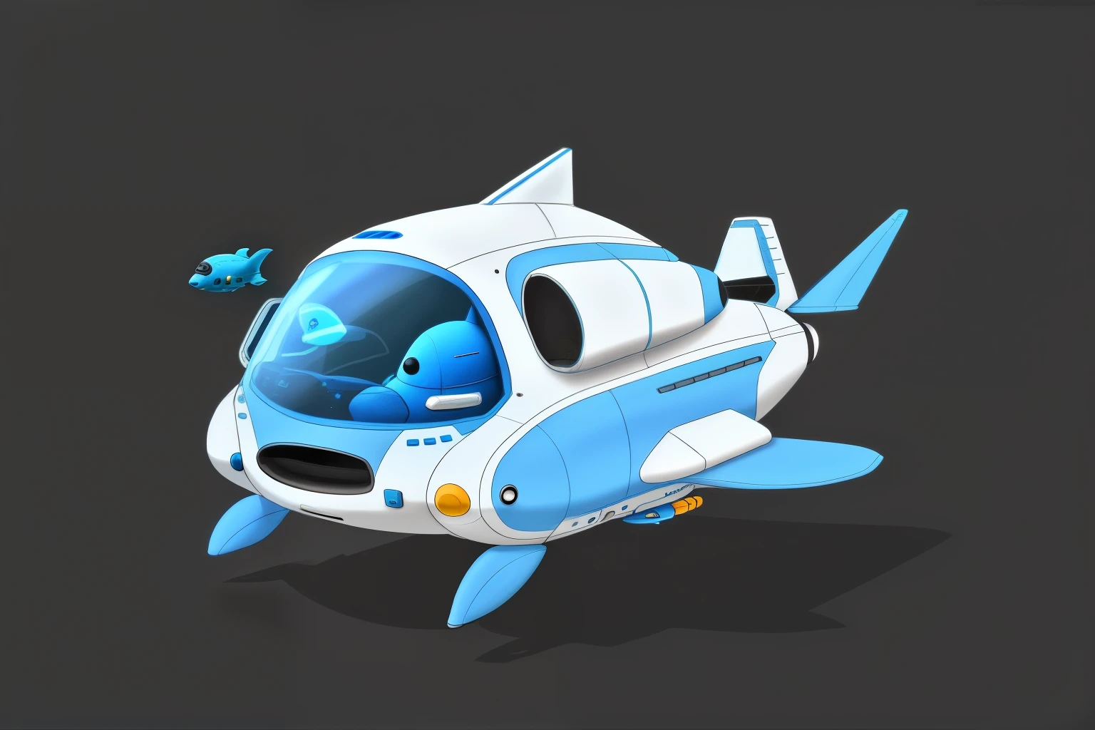 there is a small blue and white space ship with a blue nose, cartoon fantasy spaceship, space ship gribble, space ship, futuristic spaceship, spaceship design, detailed spaceship, cyborg whale, duck shaped spaceship, robotic anthro dolphin, male robotic anthro dolphin, spaceship, scifi spaceship, mech shaped like a manatee, space whale, small starship near, space ship in space