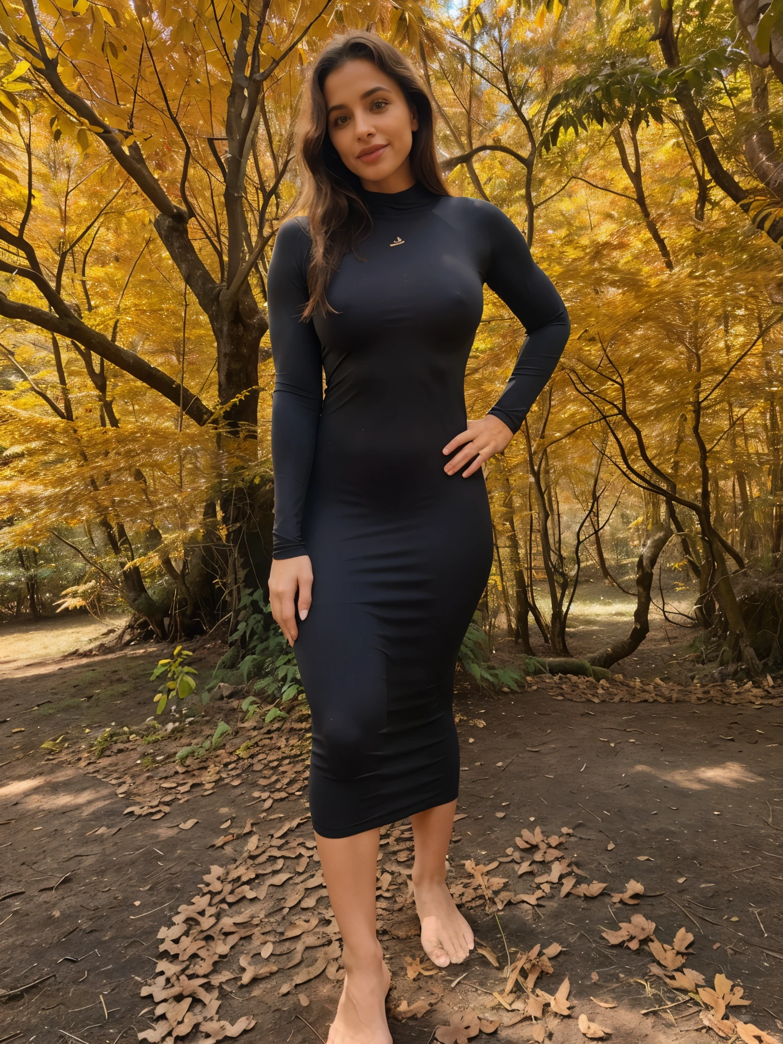Uma mulher, linda, extremamente realista, usando vestido preto, sexy, bunda grande, pernas grossas, Fitness, em um bosque, mulher pele branca