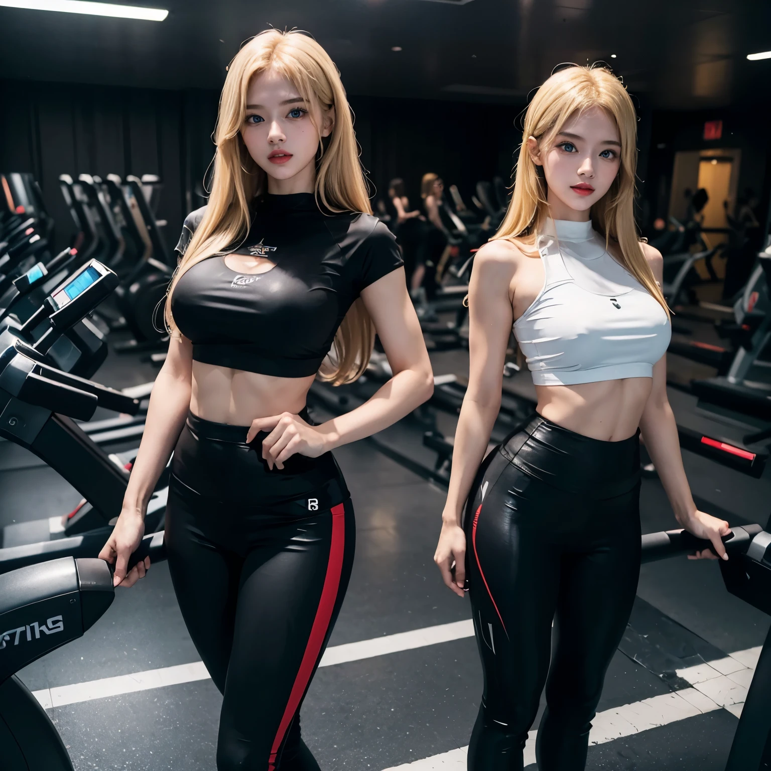 2girl, (Blue Eyes), (twins), (smiling .1.2), (Sana Minatozaki), (with his twin sister :1.4), wide hips, Big tits, big ass, (Best Quality, 8k, Masterpiece: 1.3), Clear Focus: 1.2, Perfect Body Beauty: 1.4, strong abs, Highly detailed face and skin texture, detailed eyes, double eyelids, red lips, (blond long straight hair :1.1), (black sport top), (black tight leggings :1.3), standing, dynamic pose, iin a gym, treadmill in the background