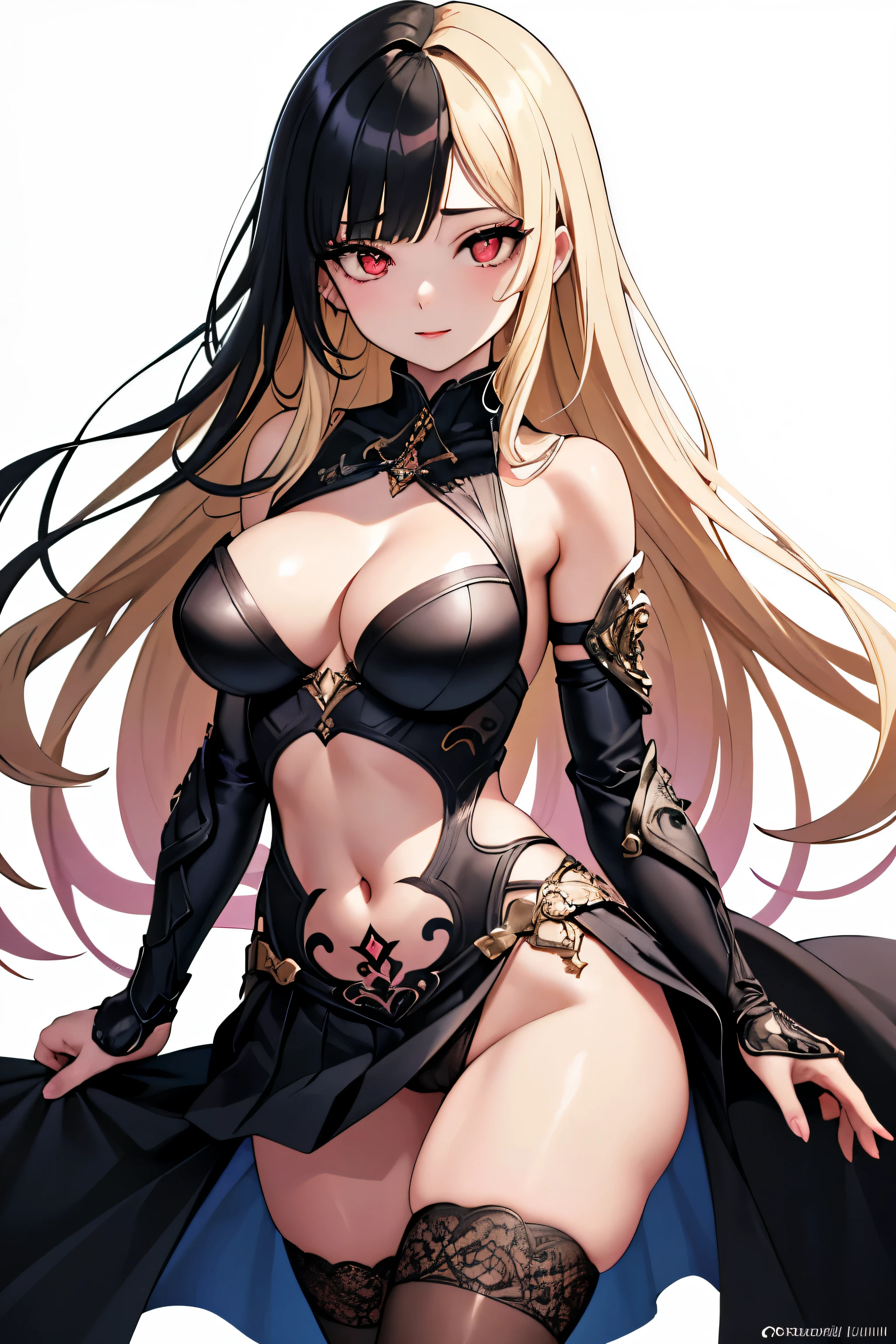 1girl, anime, cute girl, blank background, white background, fantasy, detailed fantasy dress with highlights, beautiful face, beautiful eyes, dark colors, black hair with multicolor streaks, red eye with different color pupil in eye, multicolor eye, medium small breasts (slightly big), slight cleavage, beautiful skin, cute, breast curtains, extremely delicate and beautiful, (beautiful detailed face:1.0), (detailed deep eyes), symmetrical breasts, deep eyes, shiny skin, portrait, slender waist, hips wider than shoulders, thighs, expressionless, young girl, luminous eyes, adorable，（Kpop idol）,（aegyo sal：1），（Platinum blonde hair：1），（（puffy eye）），Black panty，sexy posture，Superskirt, ultra high resolution，Black collar，slim figure, Abdominal y tattoo, womb tattoo，Tight-fitting leg ring，y tattoo on half-body，Bare skin, Armored hand，Hidden fingertips，Hand covered，Arm covered，Fist covered,{{beautiful detailed fingers}}, tufts of hair, moderate beautiful breast:1.0,(masterpiece:1.2), best quality, high-res, HDR, perfect face, intricate armor, delicate blue filigree, intricate filigree, red metalic parts, detailed part, dynamic pose, dynamic lights,