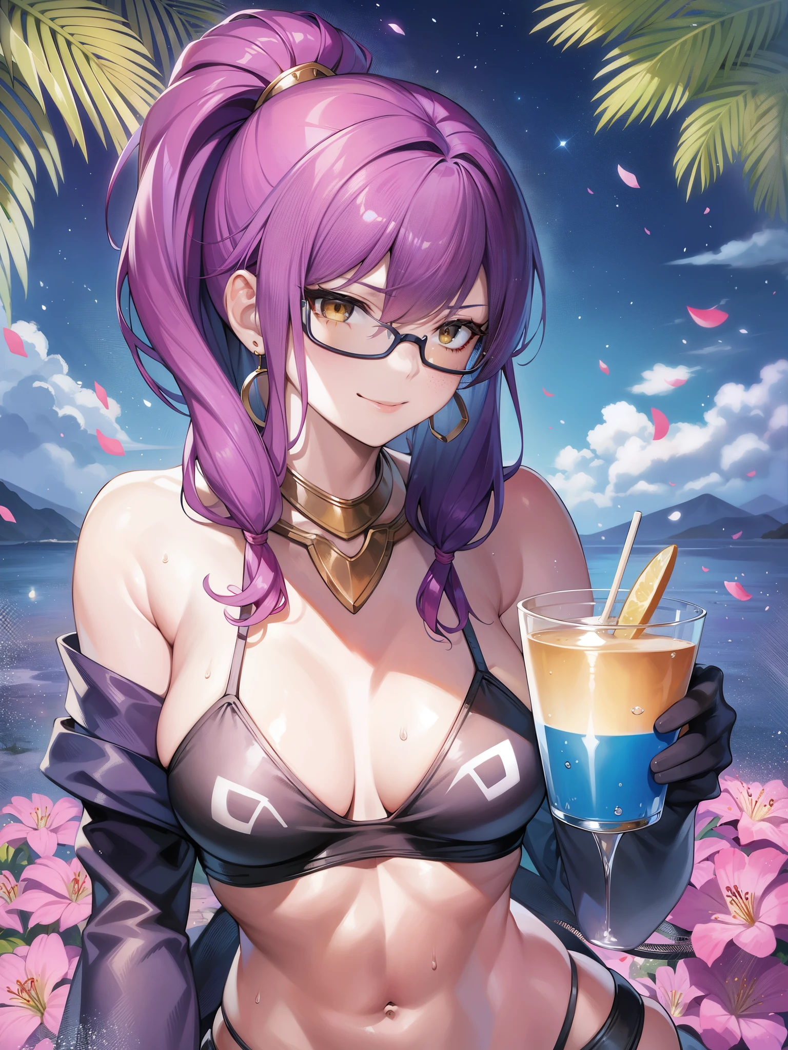 score_9、score_8_up、score_7_up、BREAK、、long hair、chest、smile、short hair、bangultiple girls、big breasts、brown hair、belly button、holding、2 females、chestの谷間、brown eyes、gem、medium breasts、blue hair、clavicle、swimsuit、yellow eyes、ponytail、purple hair、bikini、cowboy shot、earrings、分けられたlips、abdomen、Stomach、lily、look at something else、bracelet、Official Alternative Costumes、cup、lips, tattoo, makeup, color skin, a puncture, sunglasses, spike hair, ear piercing, adapted costume, 保持cup, Glasses on the head, eye contact, 青いbikini, armlet, Cup, freckles, tone, straw, nose, フロント- ネクタイ bikini トップ、bangle、スタッド earrings、arm tattoo、紫color skin、hair tied back、紫色のlips、tankini、tracer \(overwatch\)、Widowmaker \(overwatch\)