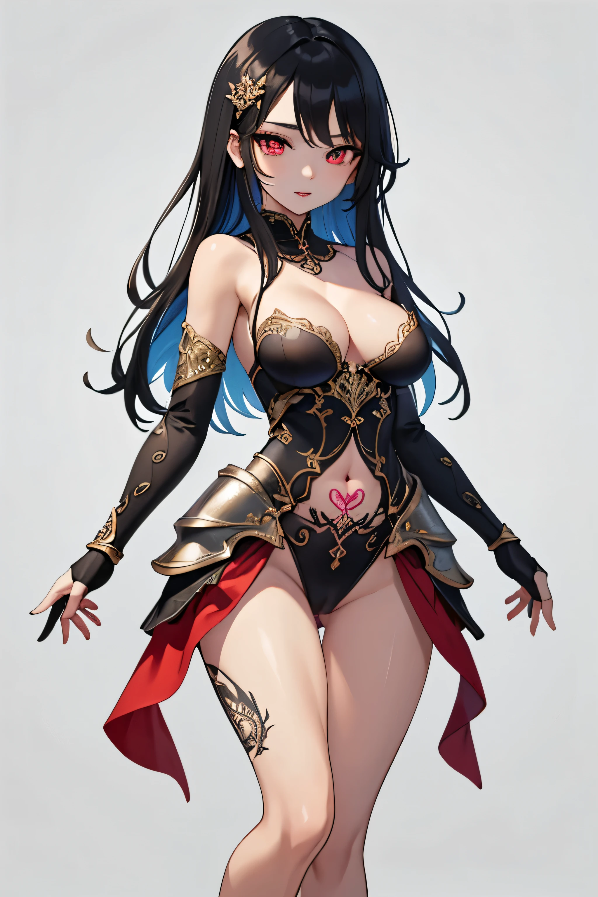 1girl, anime, cute girl, blank background, white background, fantasy, detailed fantasy dress with highlights, beautiful face, beautiful eyes, dark colors, black hair with multicolor streaks, red eye with different color pupil in eye, multicolor eye, medium small (slightly big), slight cleavagiful skin, cute, breast curtainsemely delicate and beautiful, (beautiful detailed face:1.0), (detailed deep eyes), symmetrical breasts, deep eyes, sin, portrait, slender waist, hips wider than shoulders, thighs, expressionless, young girl, luminous eyes, adorable,(Kpop idol),(aegyo sal:1),(Platinum blonde hair:1),((puffy eye)),Black panty,sexyture,Superskirt, uhigh rlution,Black collar,slim figure, Abdominal y tattoo, womb tattoo,Tight-fitting leg ring,y tattoo on half-body,Bare skin, Armored hand,Hidden fingertips,Hand covered,Arm covered,Fist covered,{{beautiful detailed fingers}}, tufts of hair, moderate beautiful breast:1.0,(masterpiece:1.2), best qualigh-res, HDR, perfect face, intricate armor, delicate blue filigree, intricate filigree, red metalic parts, detailed part, dynamic pose, dynamic lights,