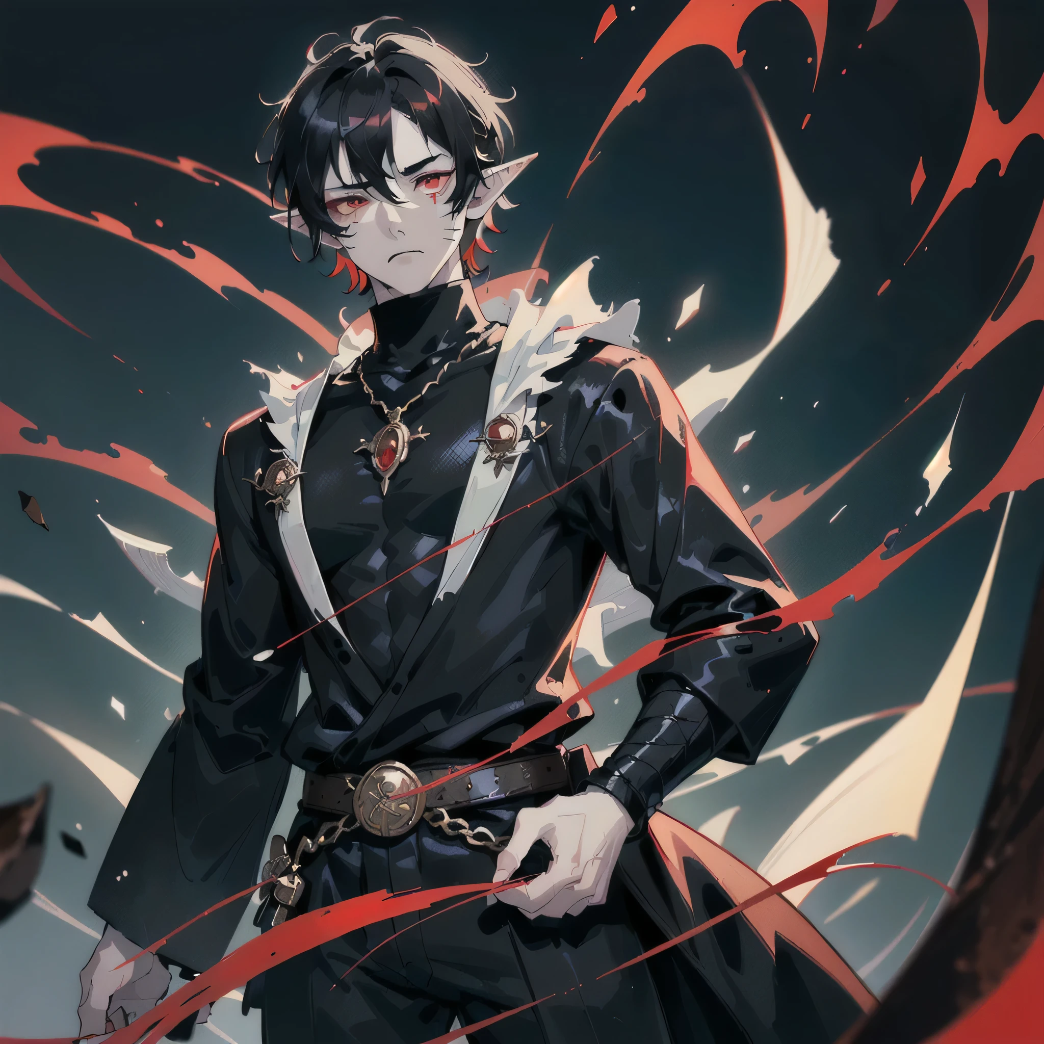 (masterpiece), best quality, ultra-detailed, illustration, warm lighting, fantasy, (((1 boy))), pale skin, detailed eyes, detailed face, ((black hair, messy hair)) ((red eyes, sharp pupils)), artstation, pixiv, gelbooru, ((scars), night time, ((tired expression)), oni demon horns black to red, elf ears, turtleneck pullover, ((dark eyebags)), short hair, mature, young adult, masculine, ikemen, tall, sharp features, black clothes, baggy clothes, dynamic pose, soft features, dynamic pose