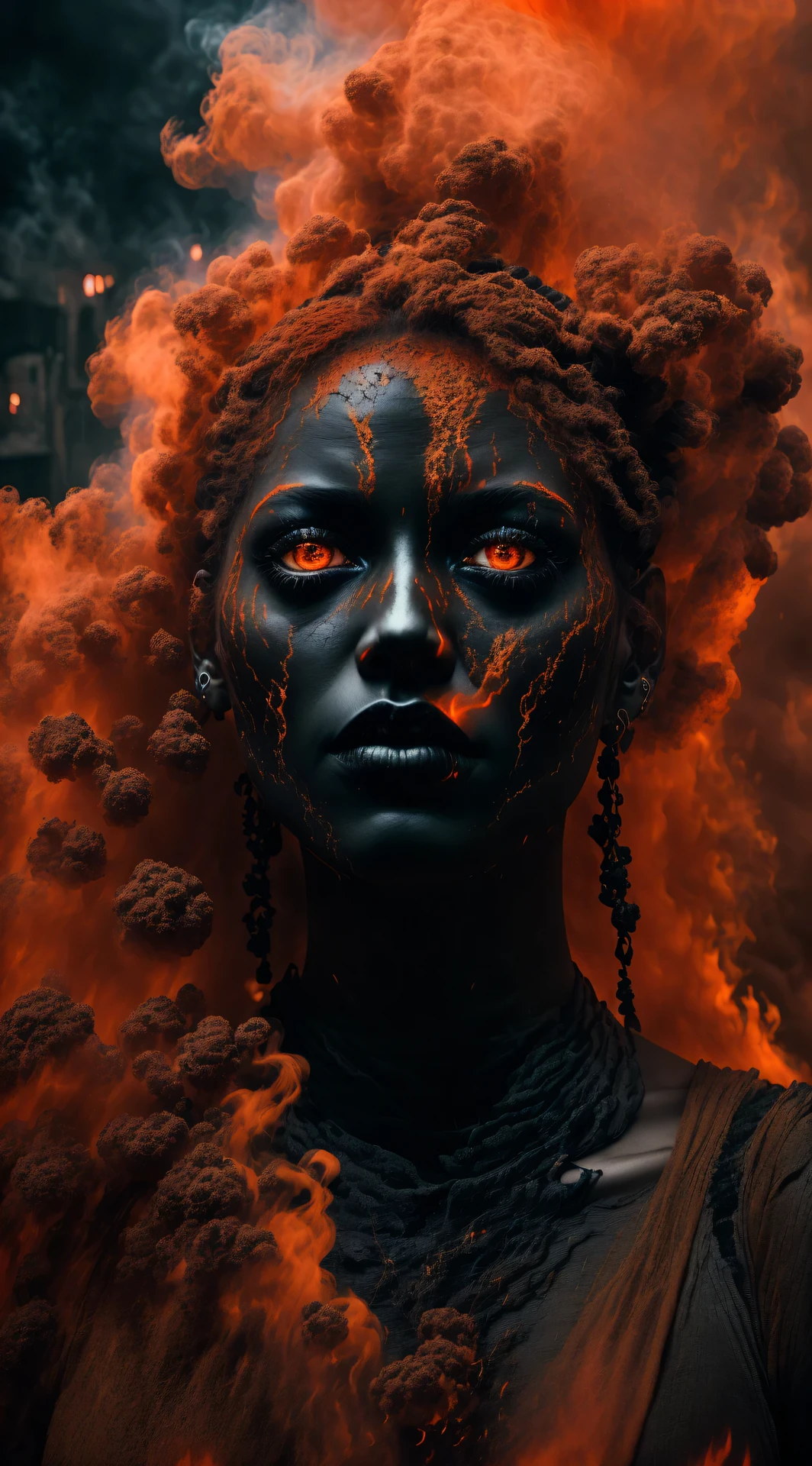 there is a woman with a black face and orange hair, woman made of black flames, portrait of female humanoid, highly detailed vfx portrait, portrait of demon girl, dramatic cinematic portrait, highly detailed vfx portrait of, ( apocalyptic ) 8 k, surreal dark otherworldly mood, portrait shot 8 k, cinematic goddess close shot, lava and fire goddess