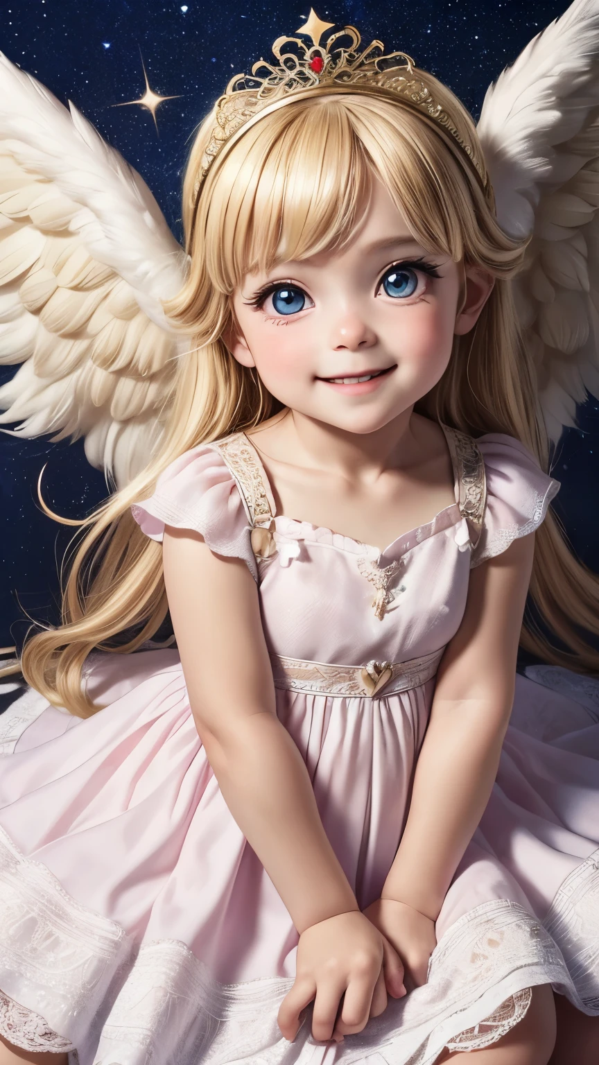 beautiful toddler girl cupid, facing straight at viewer, body facing front at viewer, smile, big eyes, blonde, Angel wings on the back, from above:1.2, A soft, fluffy and neat dress, Background with many sparkling stars, Prayer-like pose, photorealistic,