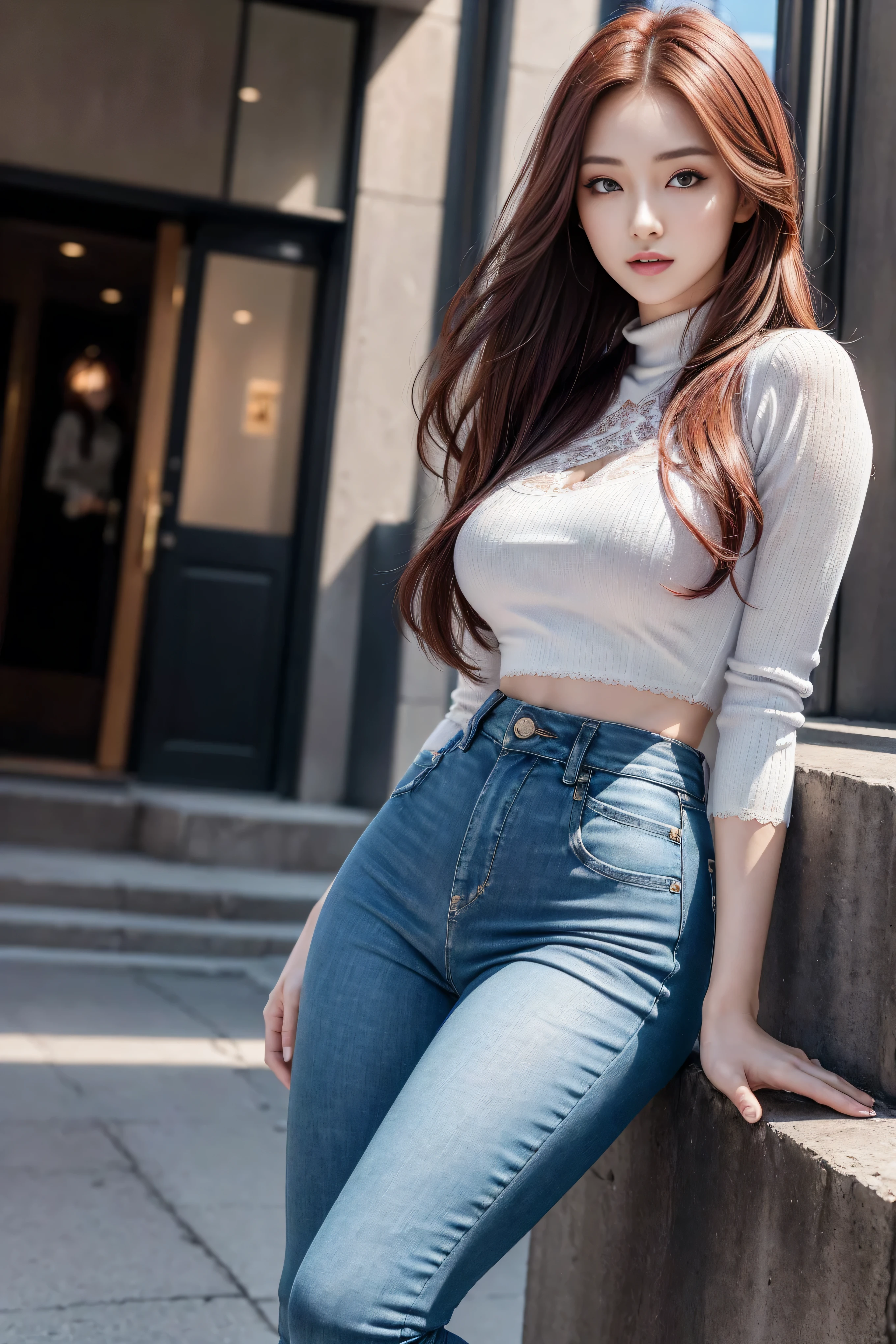 ((Realistic lighting, best quality, 8K, masterpiece:1.3)), lock focus:1.2, 1 girl, Beautiful woman with perfect body:1.4, : beautiful korean girl, K-pop idol,Leg length,(pale skin), (big eyes),(Smile:0.8),(plump sexy lips), Complex and detailed face, ((Skin is super delicate)),delicate face,Super face slimming,narrow eyes,double eyelids,((dark red hair)), (white lace underwear:1.4),Background Shibuya streets,Large depth of field,Super face slimming,narrow eyes,double eyelids,(start from below:1.attitude,(medium bust:1.2),Sexy long legs, (Thigh clearance:1.5),wide hips,S-shaped body, Hips raised,Leg length,Light blue skinny jeans,front whole body proportion,long over-the-knee leather boots,