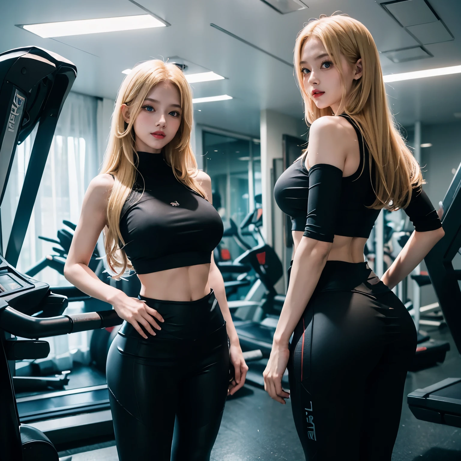 2girl, (Blue Eyes), (twins), (smiling .1.2), (Sana Minatozaki), (with his twin sister :1.4), wide hips, Big tits, big ass, (Best Quality, 8k, Masterpiece: 1.3), Clear Focus: 1.2, Perfect Body Beauty: 1.4, strong abs, Highly detailed face and skin texture, detailed eyes, double eyelids, red lips, (blond long straight hair :1.1), (black sport top), (black tight leggings :1.3), standing, dynamic pose, iin a gym, treadmill in the background