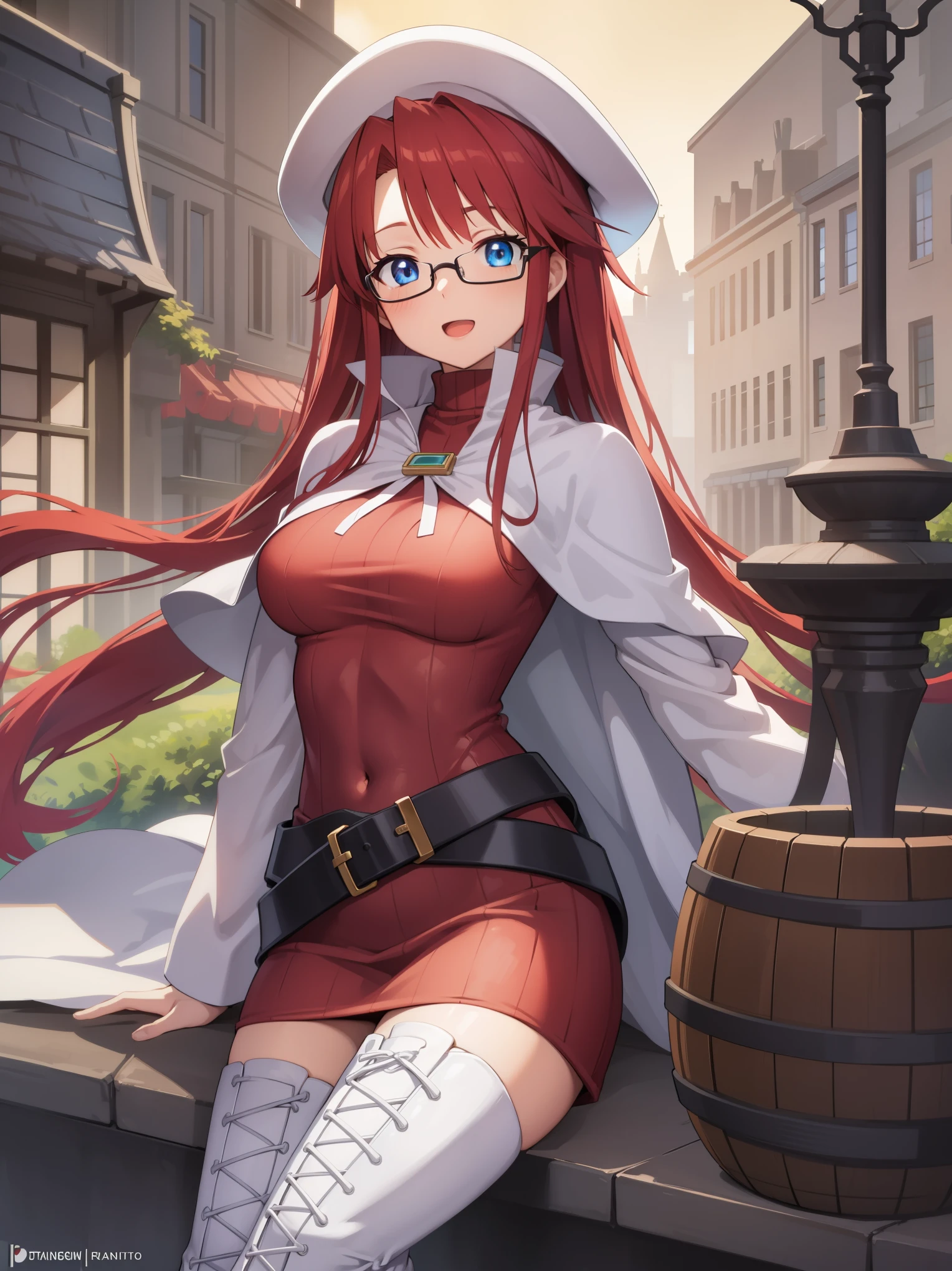 summonnightaty, aty, long hair, blue eyes, red hair, beret, hat, glasses,
BREAK long hair, thighhighs, hat, dress, boots, glasses, belt, cape, sweater, zettai ryouiki, beret, thigh boots, white footwear, ribbed sweater, loose belt,solo,
BREAK outdoors, fantasy_town,
BREAK (masterpiece:1.2), best quality, high resolution, unity 8k wallpaper, (illustration:0.8), (beautiful detailed eyes:1.6), extremely detailed face, perfect lighting, extremely detailed CG, (perfect hands, perfect anatomy),(covered_nipples:1.3),covered_navel,light_smile,dynamic_posing ,walking,(half_eyes:1.2),light_open_mouth,sword,armpit