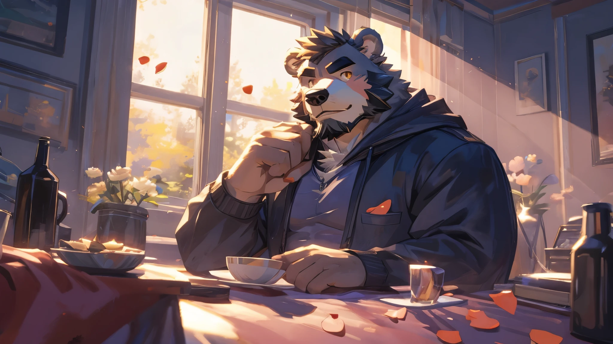 (masterpiece:1.2), best quality,pixiv,official art,(Ray tracing, light), (flower petal in the sky :1.3), (1_male:1.3), (solo:1.2) , portrait , (muscle), (gray fur:1.4), (muscle bear), (bear tail), (beard:1.2), (gleaming golden eyes), Thick eyebrows, open hoodie, naked inside, looking at viewer, full body , indoor , bedroom, highfloor ,building, morden