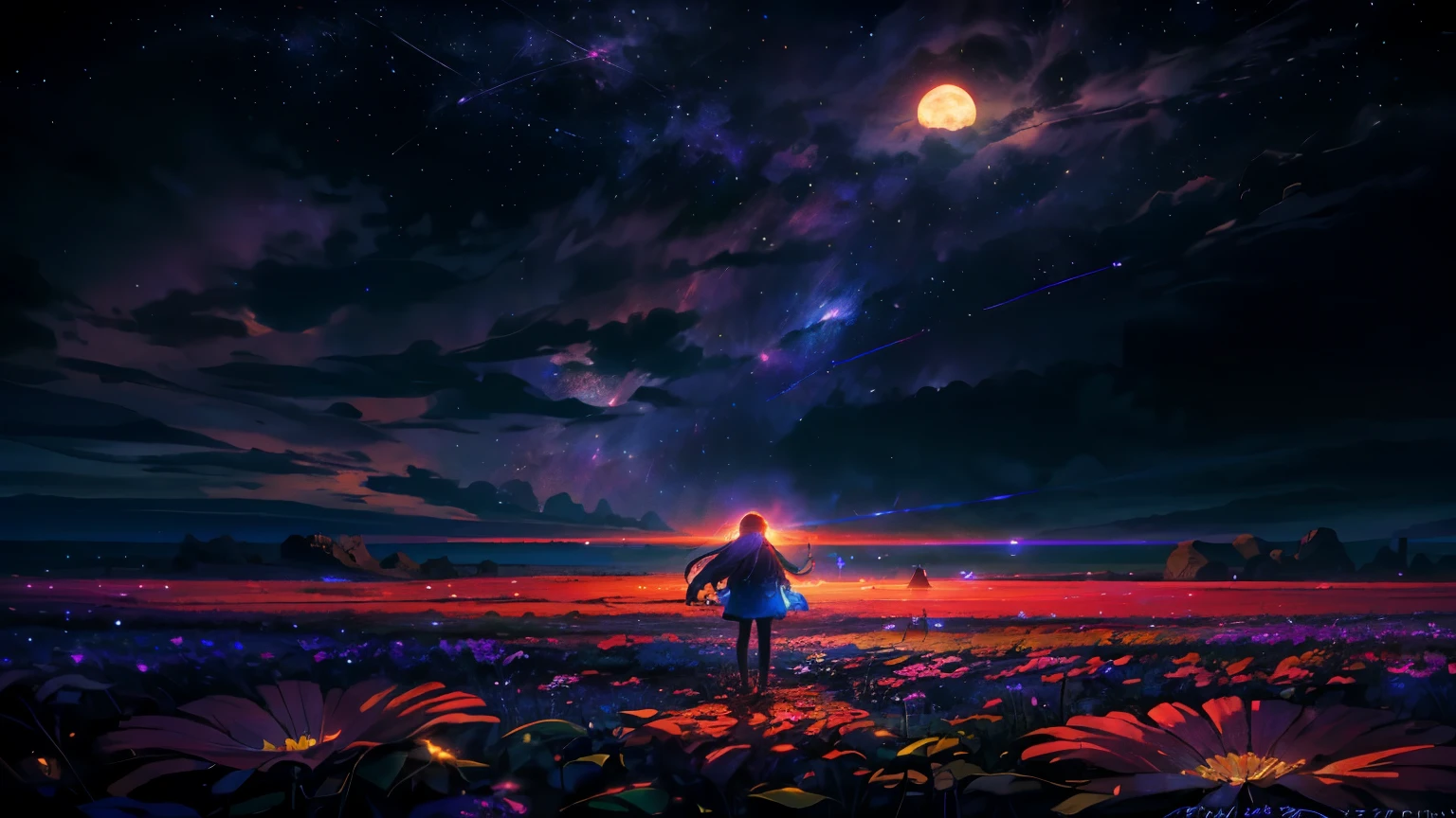 vast landscape photography, (Bottom view showing open fields above and below), Girl standing in a flower field and looking up, (full moon: 1.2), (shooting star: 0.9), (nebula : 1.3), 遠くのMountain, BREAK tree production art, (warm light source: 1.2), (fire Fly: 1.2), lamp, Lots of purple and orange, intricate details, volume lighting, break down realism (masterpiece: 1.2) , (highest quality), 4k, Super detailed, (dynamic composition: 1.4), very detailed, colorful details, (rainbow colors: 1.2), (bright lighting, atmosphere lighting), dream-like, Magic, (alone: 1.2),Mountain々Beautiful,