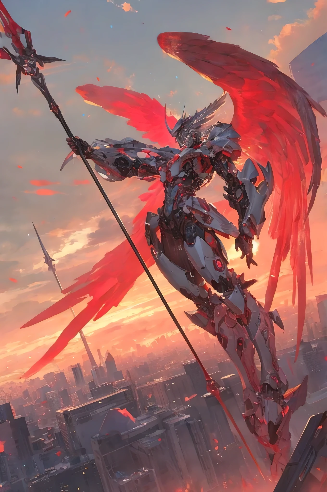 best quality, cyborg angel, large breasts, armor, wings, spear, rooftop, city skyline 