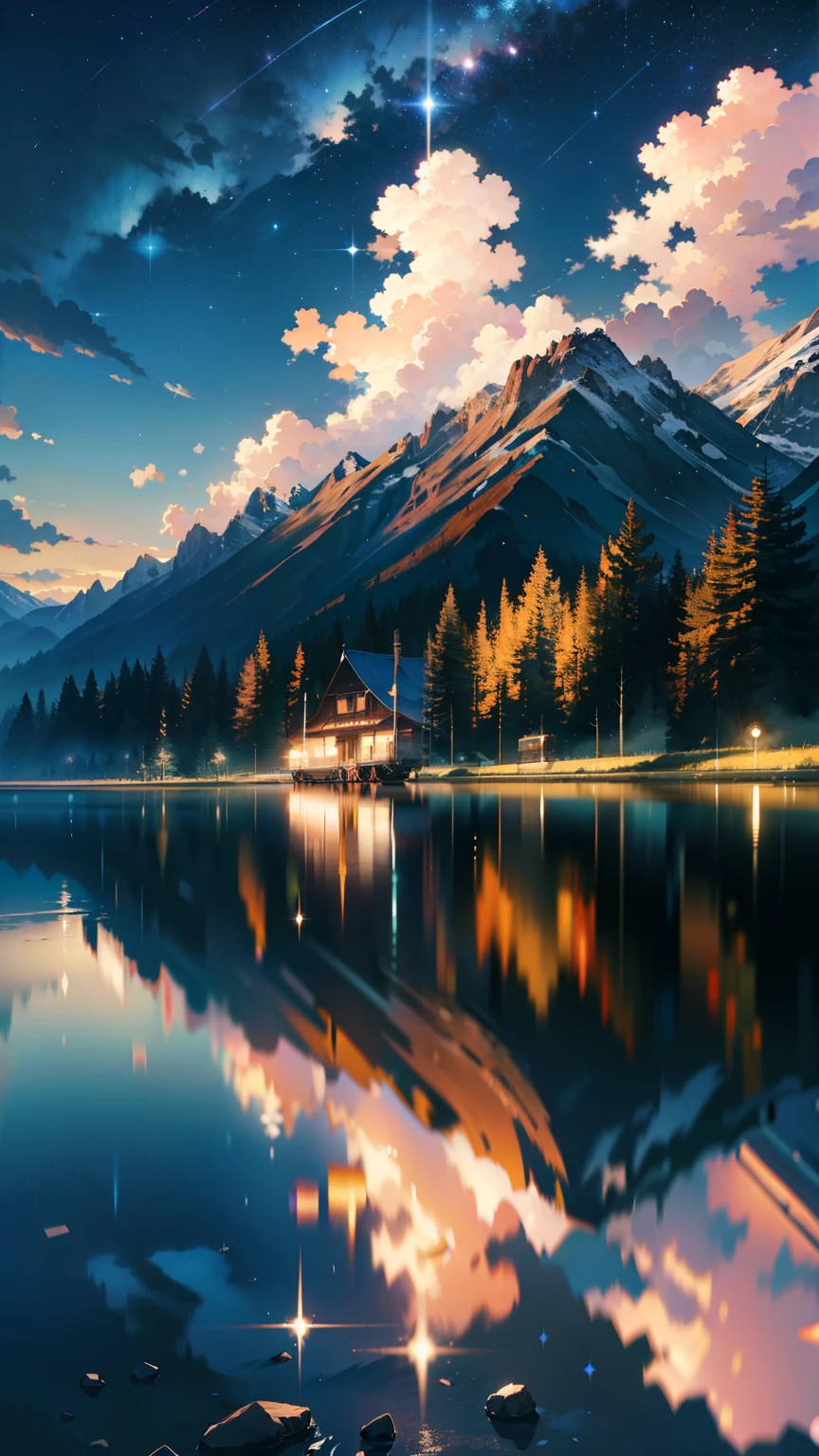(8K, Raw photo, highest resolution, Super A high resolution, masterpiece: 1.2), there's no one here, landscape, Animated train passing through a body of water on the tracks, bright starry sky. romantic train, pixiv, concept art, Lofiato style, reflection. by makoto shinkai, Lofiato, beautiful anime scene, 詳しいlandscape