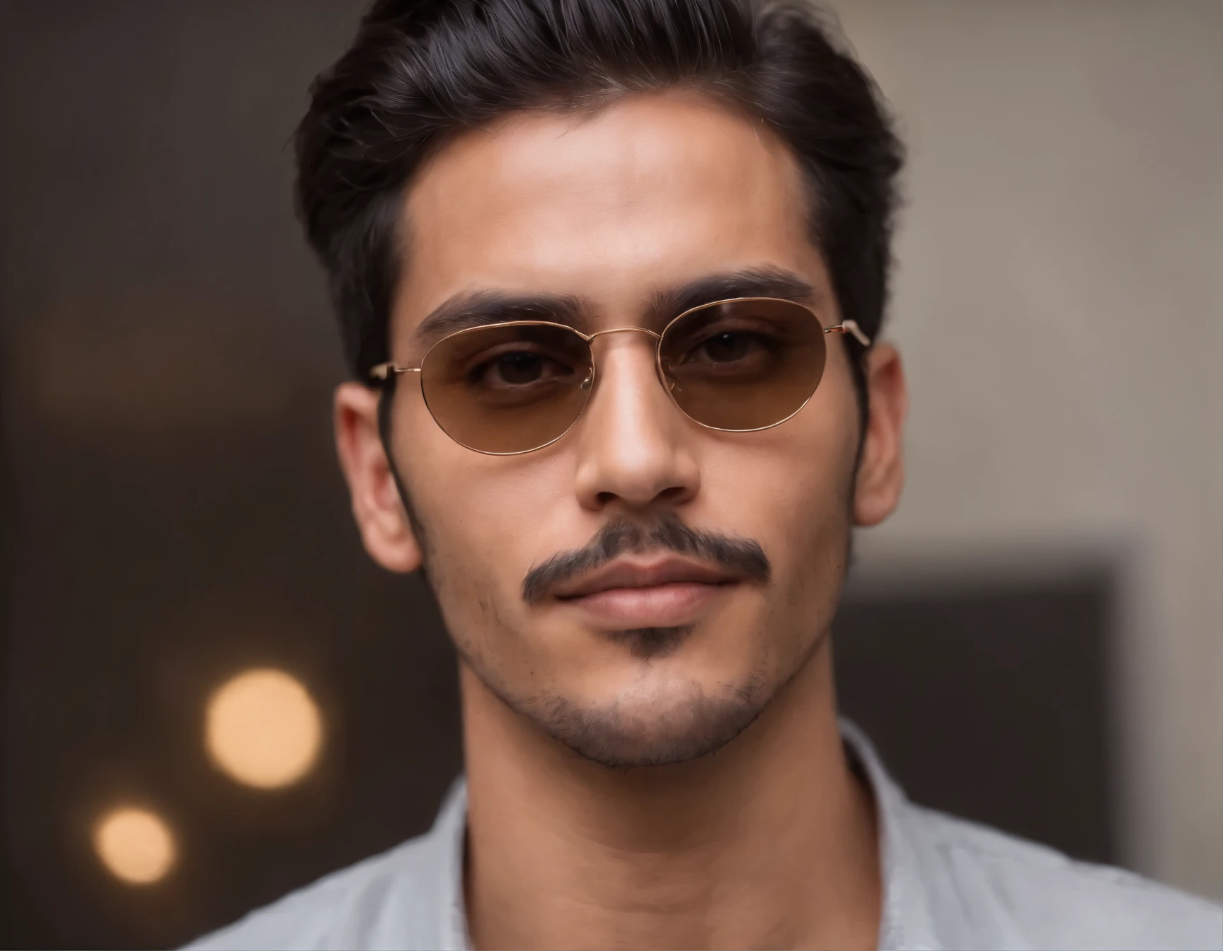 Selfie photograph of a Mexican man, de piel morena, 28 years old, with a square and strong jaw, Brown eyes, pelo negro peinado a la derecha, sin barba, ni bigote, frown and strong facial features, wearing a cherry-colored mask on his face and reading glasses with sepia-colored glass and a hexagonal frame of metallic material and gold color.