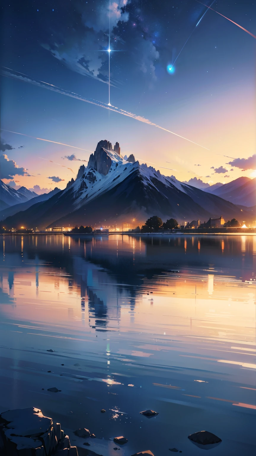 (8K, Raw photo, highest resolution, Super A high resolution, masterpiece: 1.2), there&#39;s no one here, landscape, Animated train passing through a body of water on the tracks, bright starry sky. romantic train, pixiv, concept art, Lofiato style, reflection. by makoto shinkai, Lofiato, beautiful anime scene, 詳しいlandscape