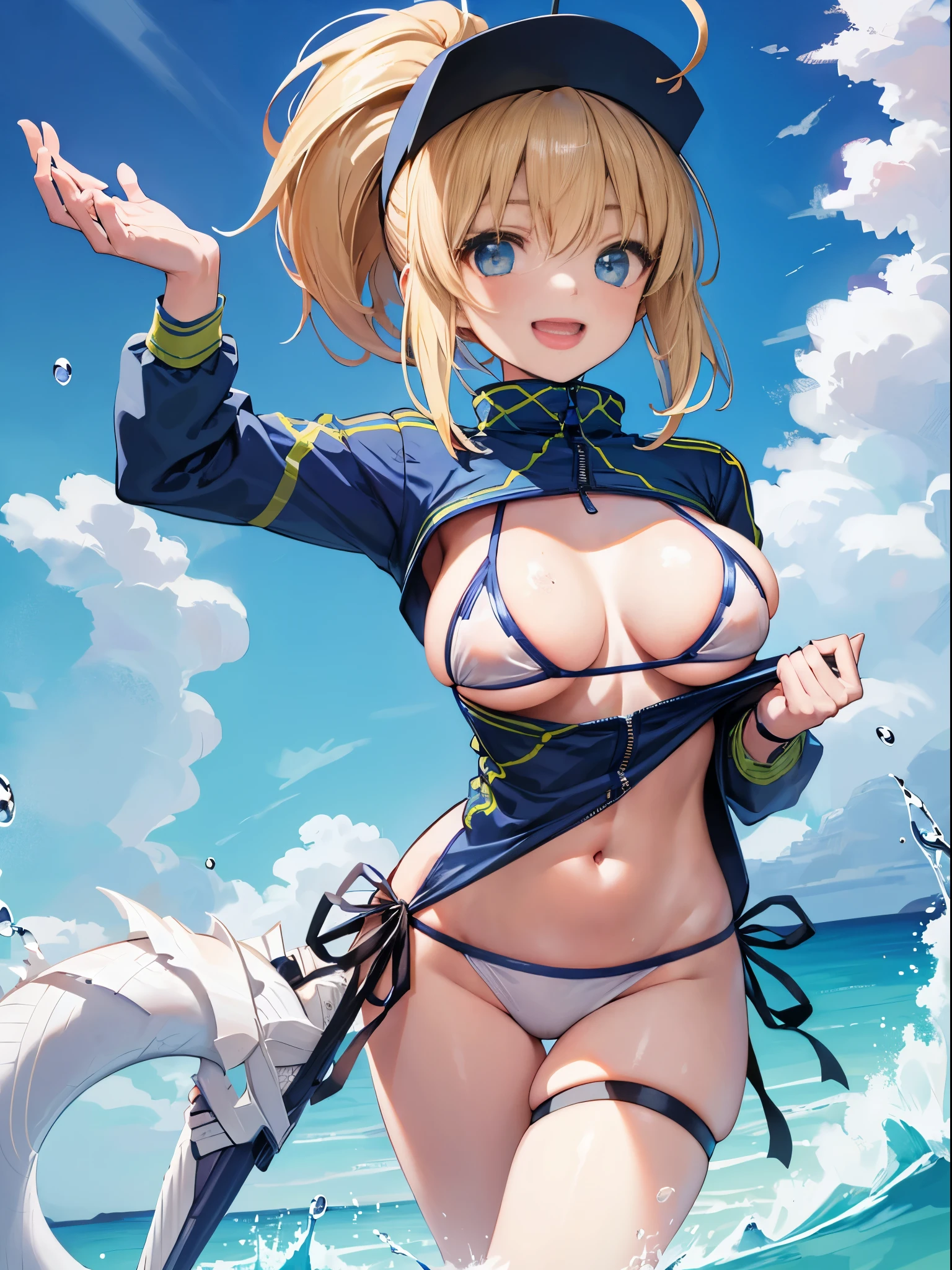 masterpiece,(ultra-detailed),1girl, mysterious heroine xx \(fate\), half_eyes,smile,open mouth, swimsuit, white bikini, side-tie bikini bottom, shrug \(clothing\), jacket,  thigh strap, wristband,  large_breasts, ocean, splashing,blonde_ponytail,open_legs,cap,happiness,