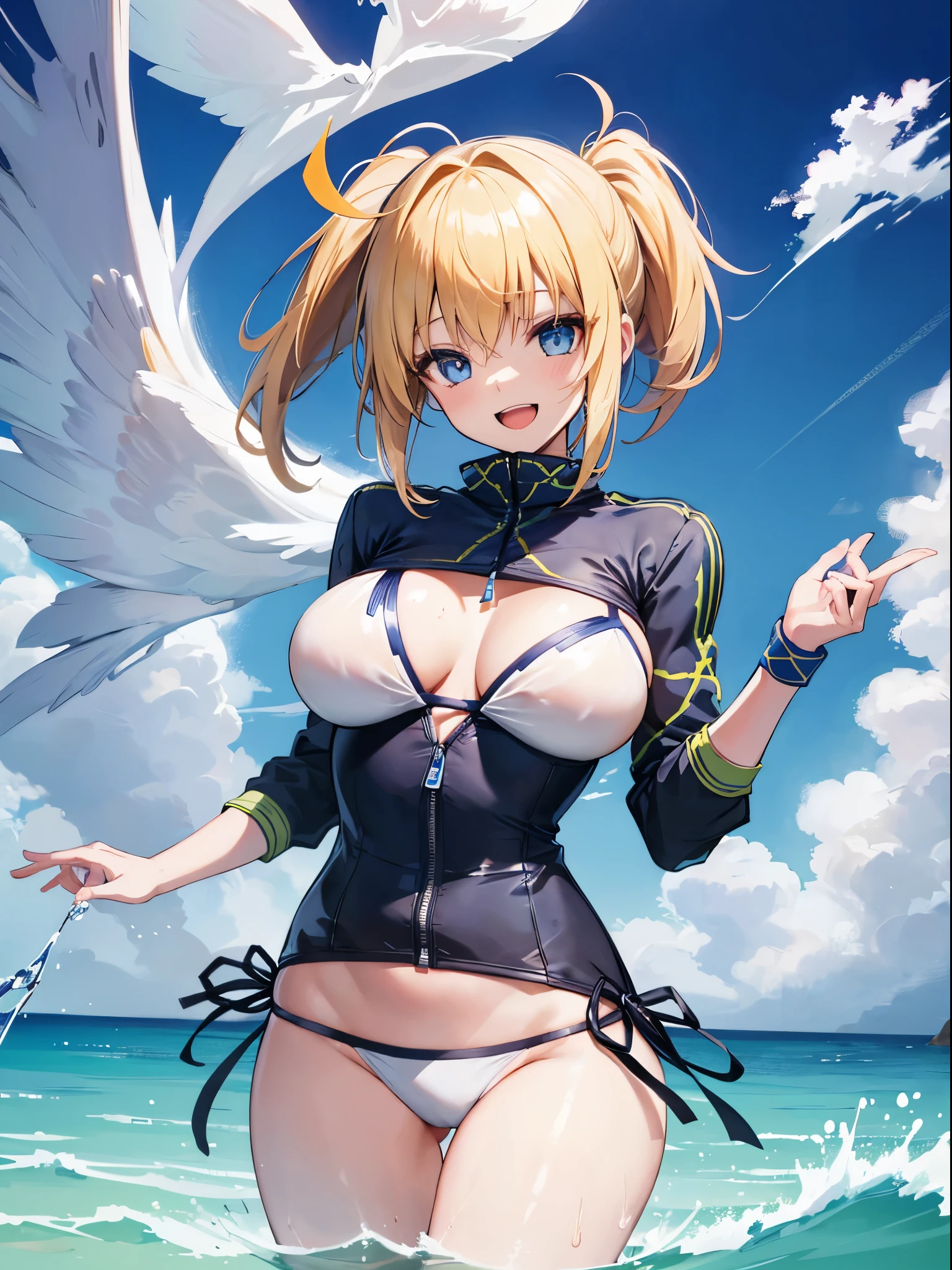 masterpiece,(ultra-detailed),1girl, mysterious heroine xx \(fate\), half_eyes,smile,open mouth, swimsuit, white bikini, side-tie bikini bottom, shrug \(clothing\), jacket, thigh strap, wristband, large_breasts, ocean, splashing,blonde_ponytail,open_legs,cap,happiness,