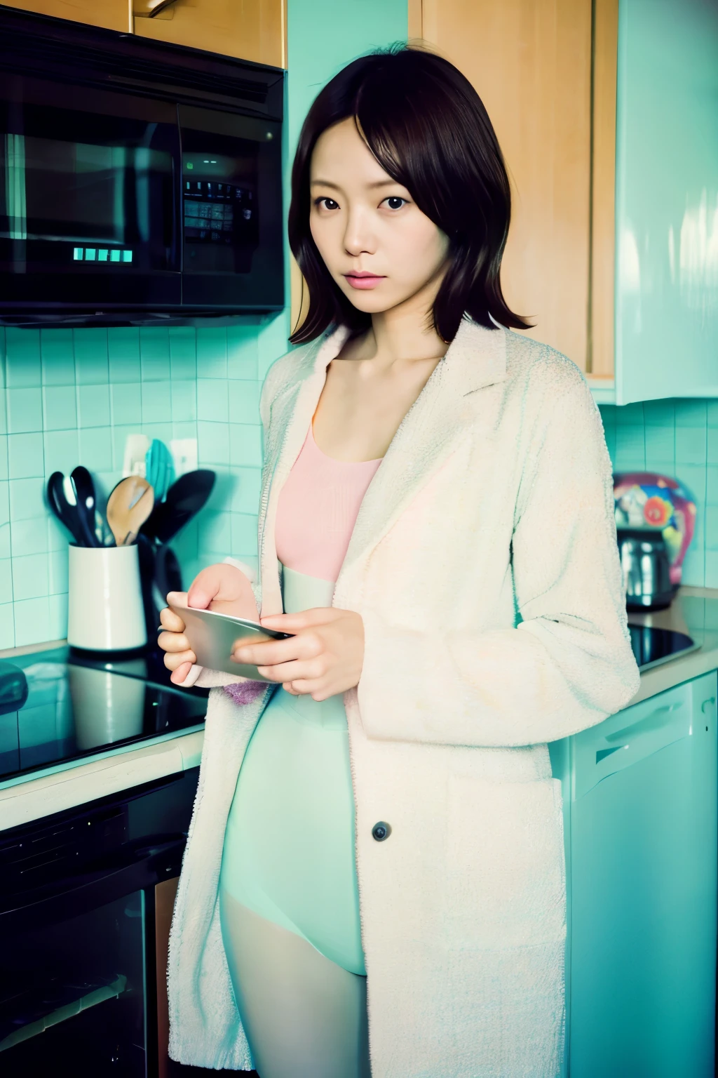 there is a woman that is standing in a kitchen with a laptop, a pastel by Taiyō Matsumoto, tumblr, shin hanga, asuka suit under clothes!, in a japanese apartment, Yoshitomo Nara, 3 0 years old woman, 30 years old woman, japanese goddess, japanese model,