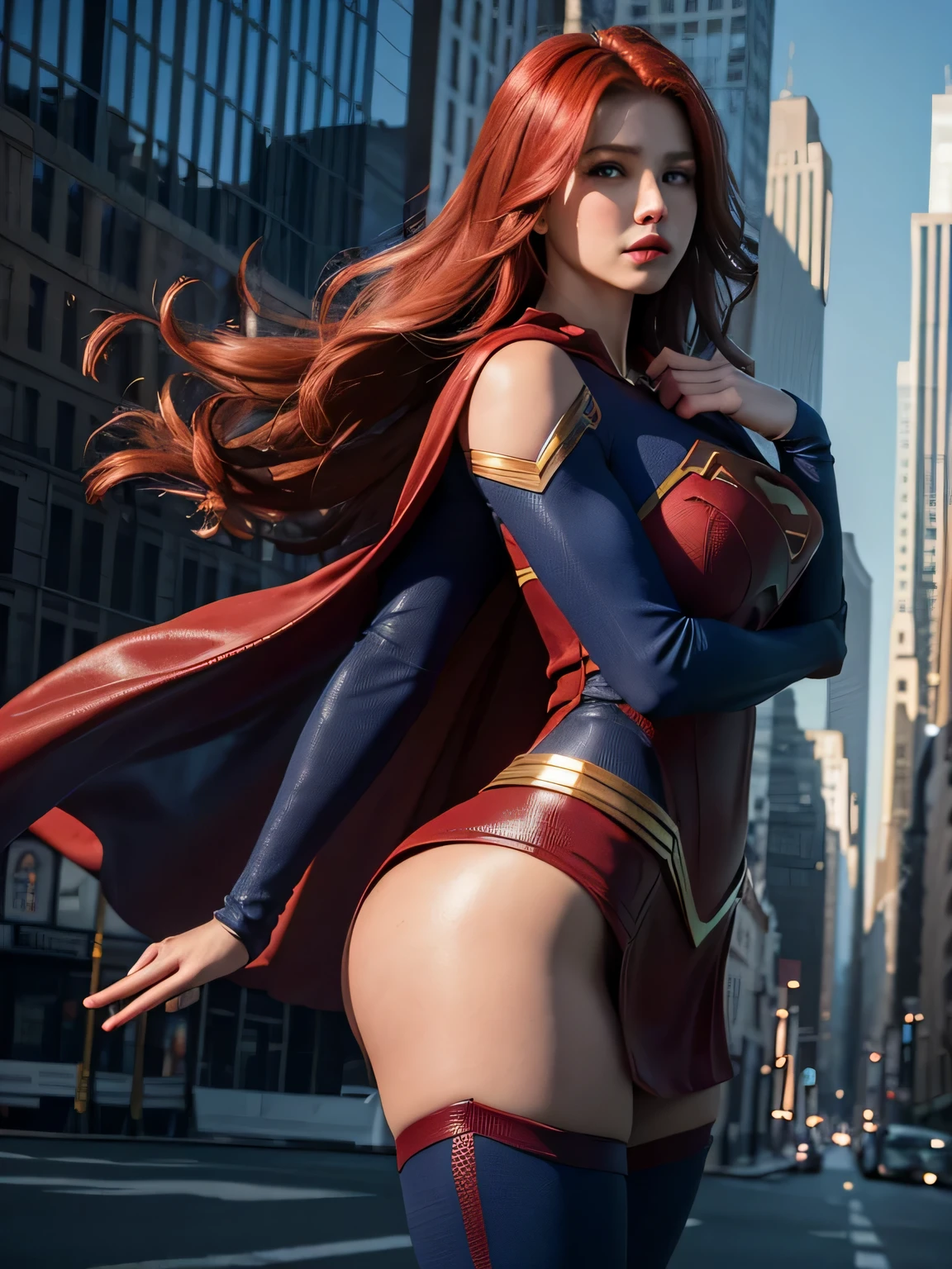 Superwoman flies gracefully through New York&#39;skyscrapers, best quality, masterpiece, ultra high resolution, (lifelike: 1.4), original photo, 1 girl, Red hair, bright skin, dramatic lighting, whole body, wide hips, huge breasts, big ass