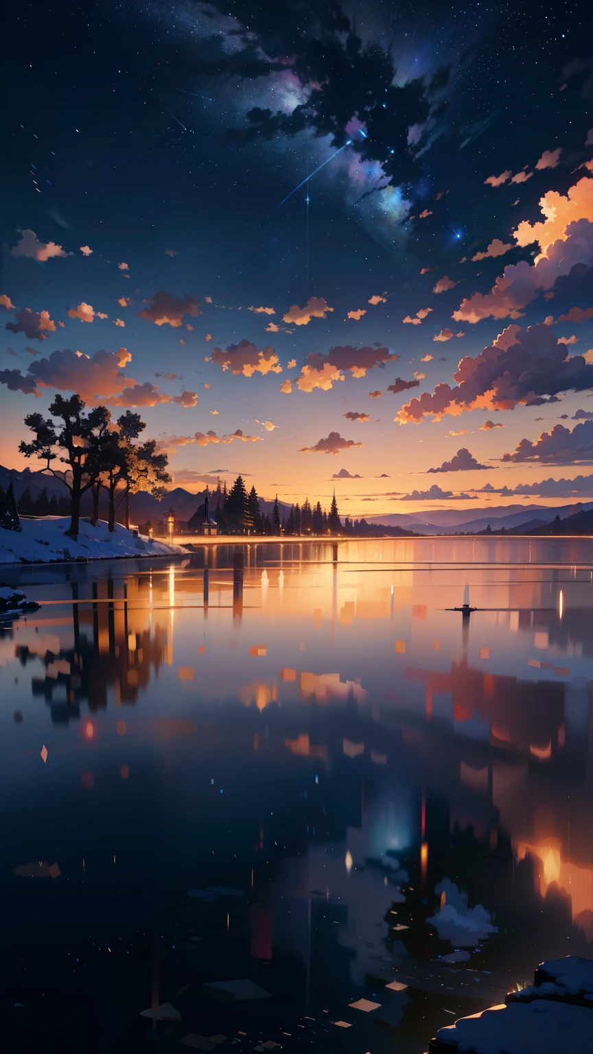 (8K, Raw photo, highest resolution, Super A high resolution, masterpiece: 1.2), there's no one here, landscape, Animated train passing through a body of water on the tracks, bright starry sky. romantic train, pixiv, concept art, Lofiato style, reflection. by makoto shinkai, Lofiato, beautiful anime scene, 詳しいlandscape