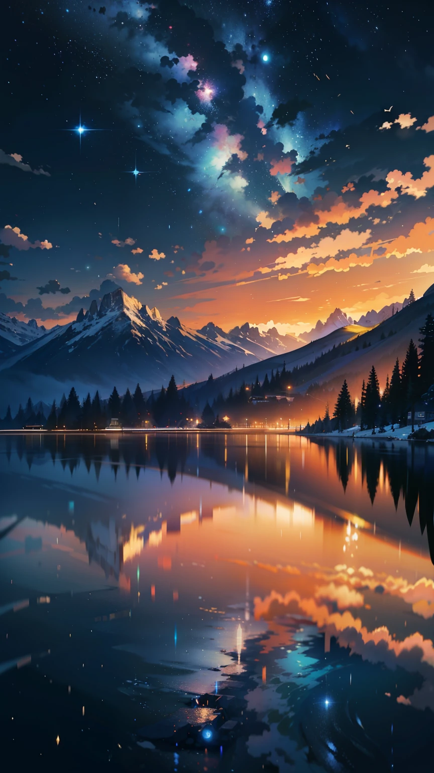 (8K, Raw photo, highest resolution, Super A high resolution, masterpiece: 1.2), there's no one here, landscape, Animated train passing through a body of water on the tracks, bright starry sky. romantic train, pixiv, concept art, Lofiato style, reflection. by makoto shinkai, Lofiato, beautiful anime scene, 詳しいlandscape