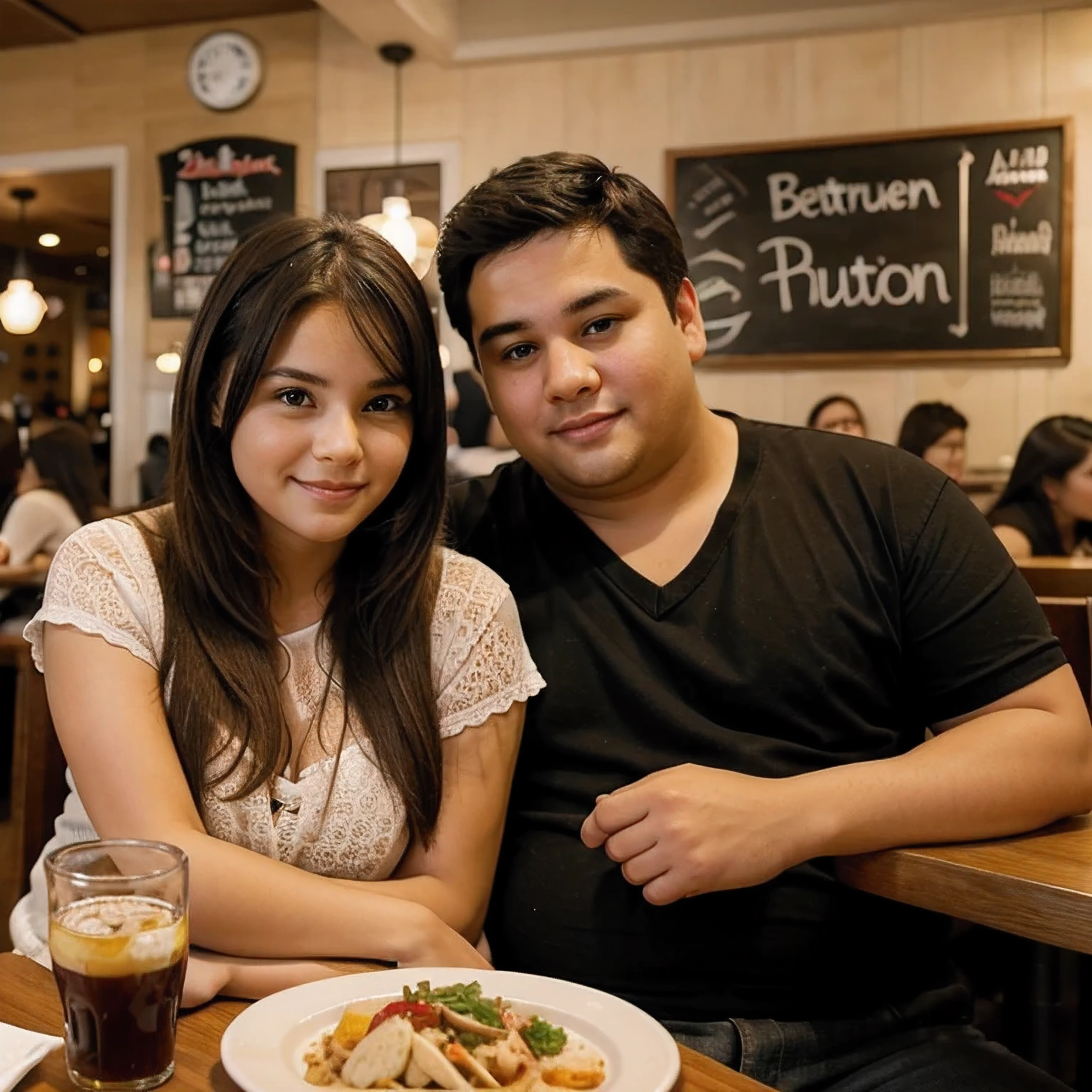 A cute picture of a cute girl and a smartchubby guy in a restaurant